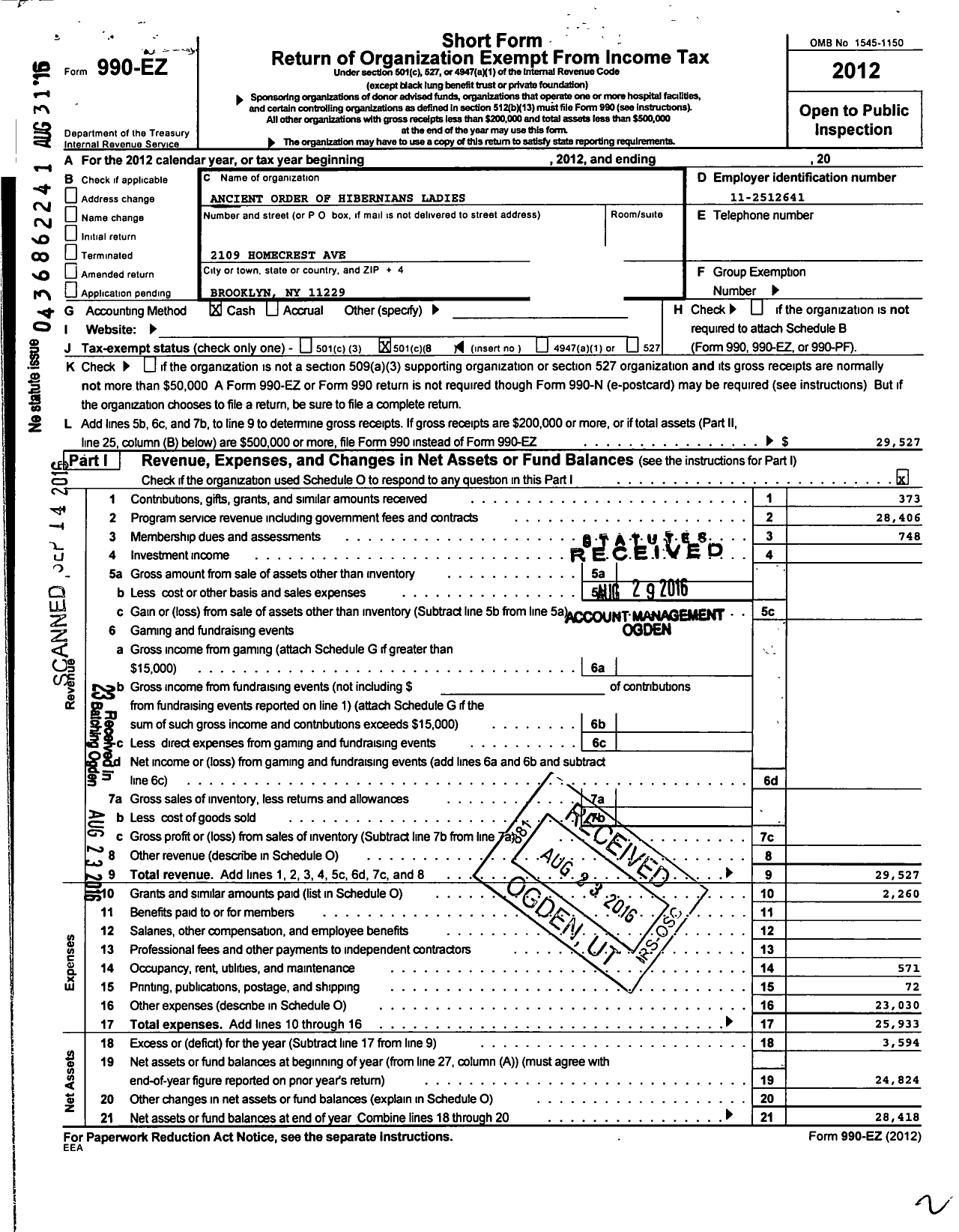 Image of first page of 2012 Form 990EO for Ancient Order of Hibernians Ladies / 14 Rockville Centre Nassau Cnty Div