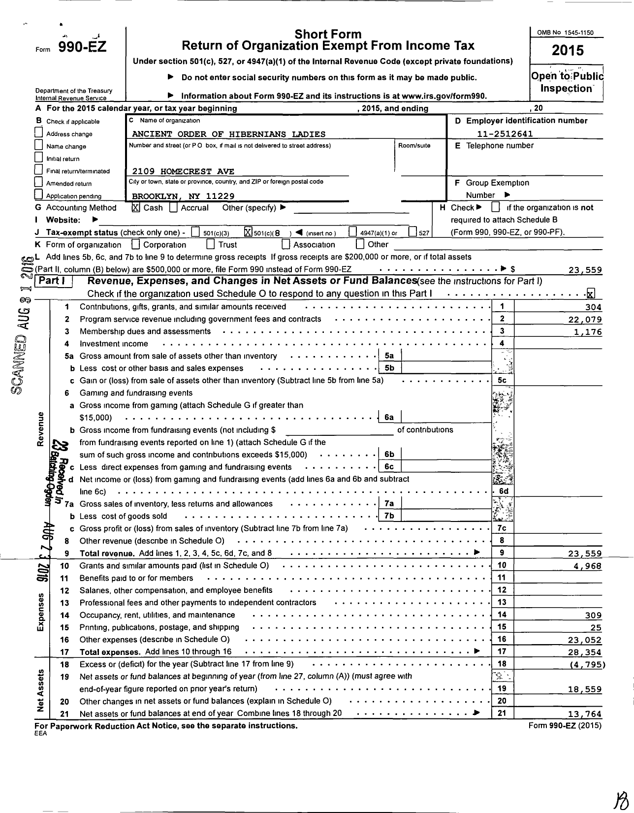 Image of first page of 2015 Form 990EO for Ancient Order of Hibernians Ladies / 14 Rockville Centre Nassau Cnty Div