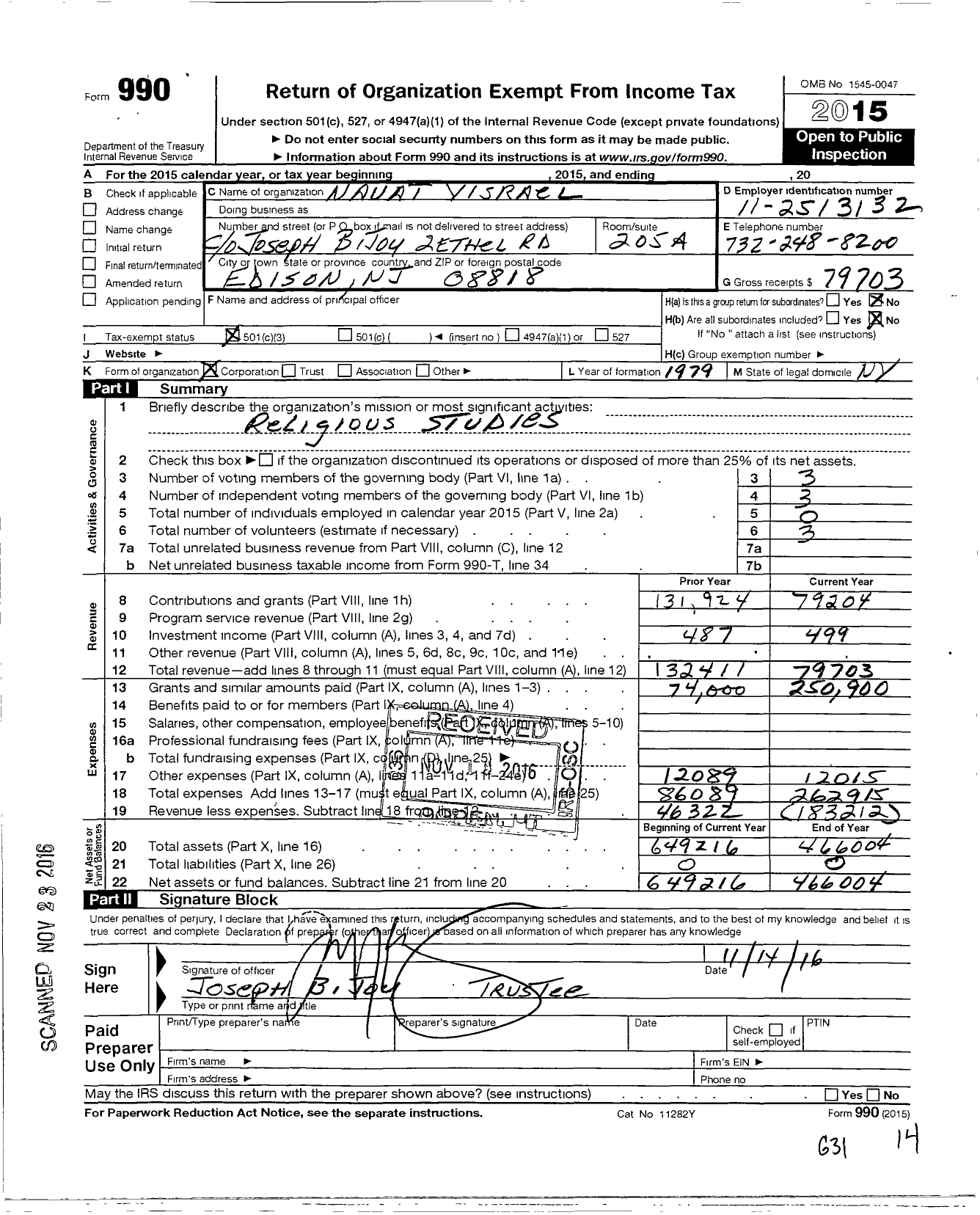 Image of first page of 2015 Form 990 for Navat Yisrael