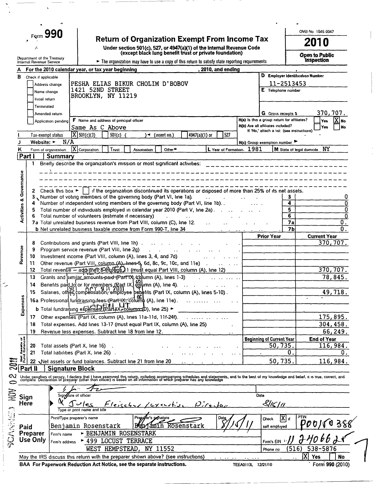 Image of first page of 2010 Form 990 for Pesha Elias Bikur Cholim Dbobov