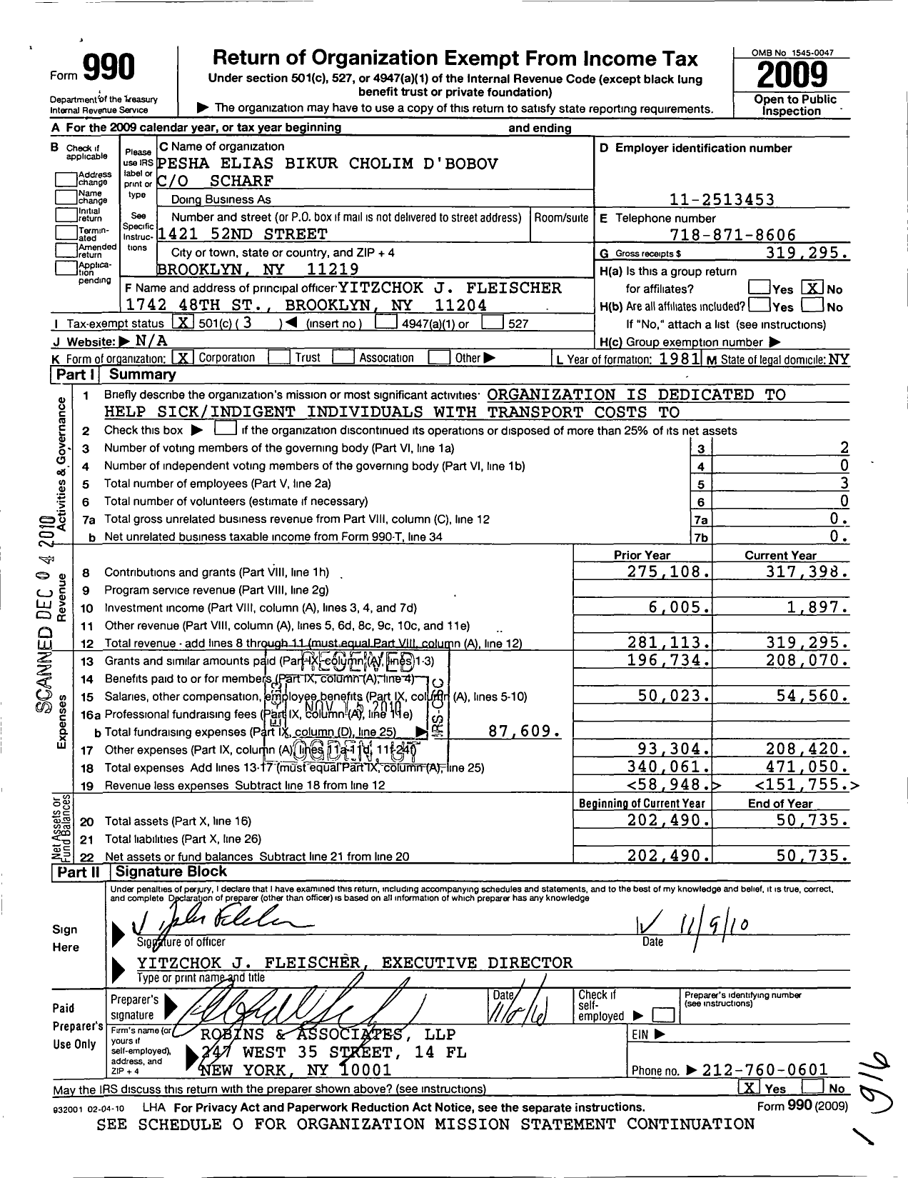 Image of first page of 2009 Form 990 for Pesha Elias Bikur Cholim Dbobov