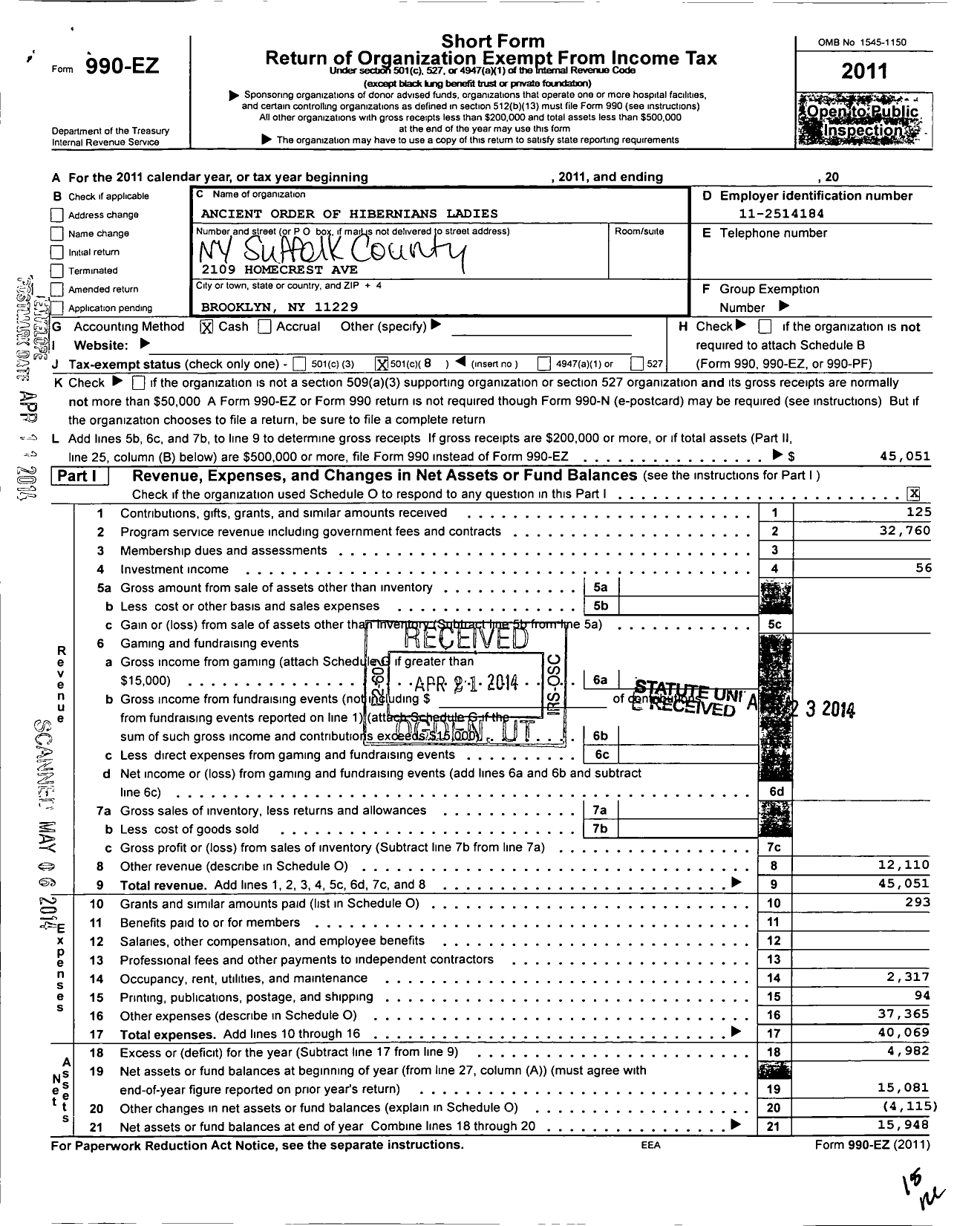 Image of first page of 2011 Form 990EO for Ancient Order of Hibernians Ladies / Suffolk County Board