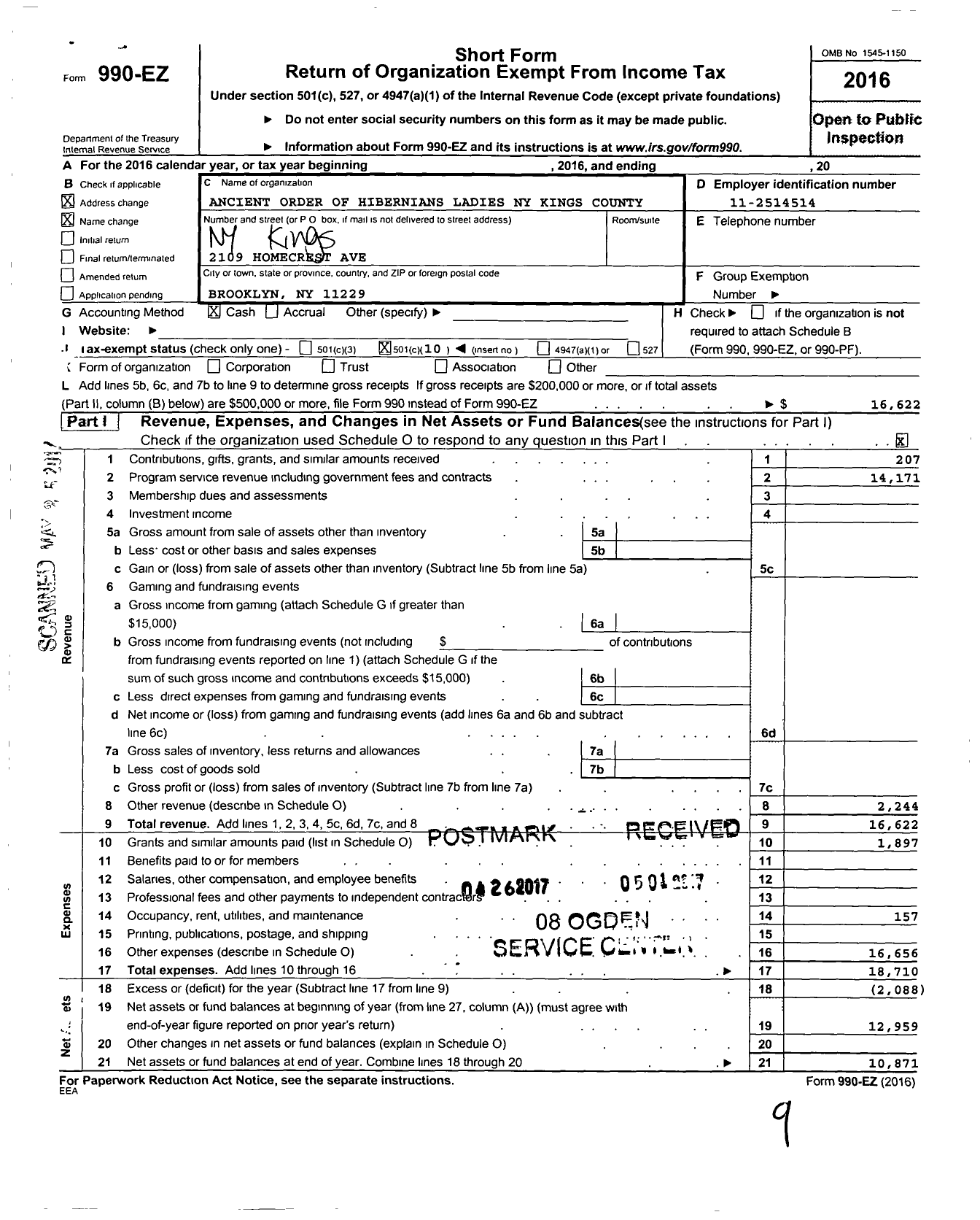Image of first page of 2016 Form 990EO for Ancient Order of Hibernians Ladies Ny Kings County