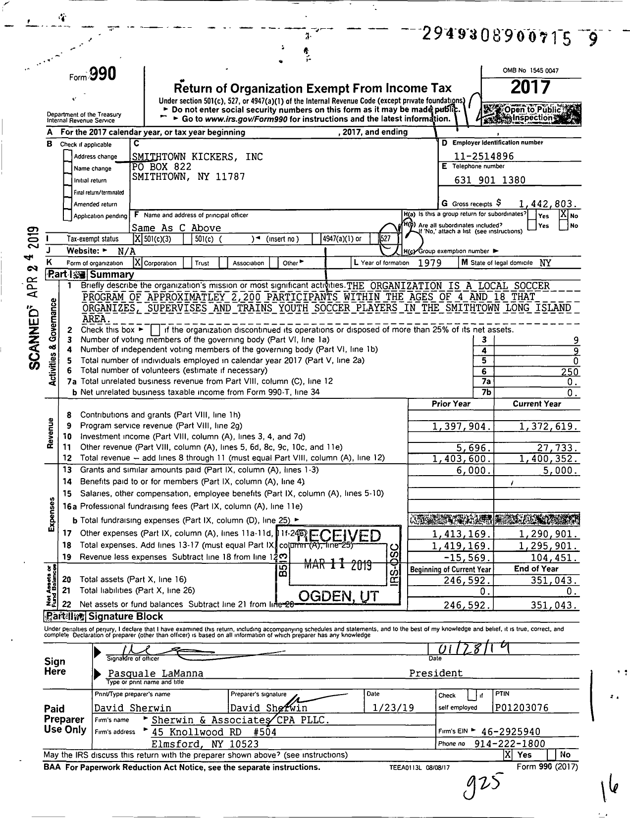 Image of first page of 2017 Form 990 for Smithtown Kickers