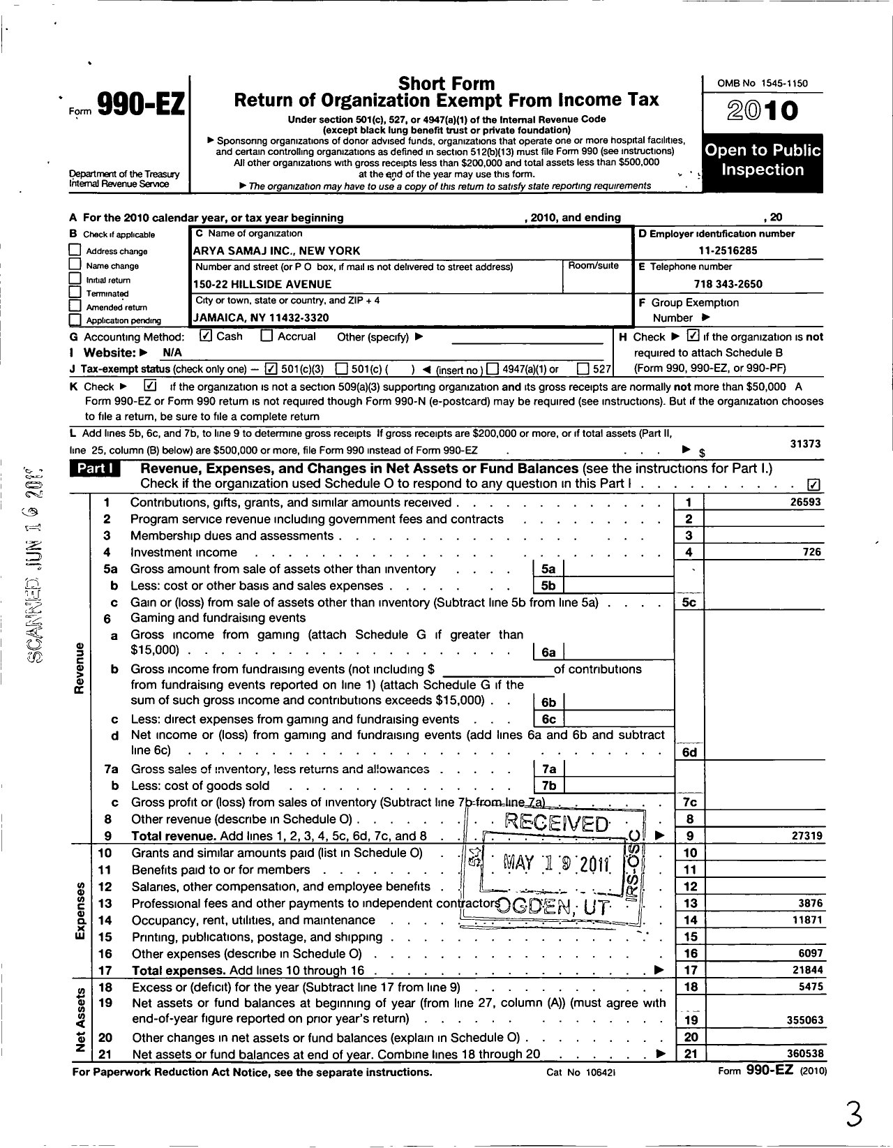 Image of first page of 2010 Form 990EZ for Arya Samaj New York