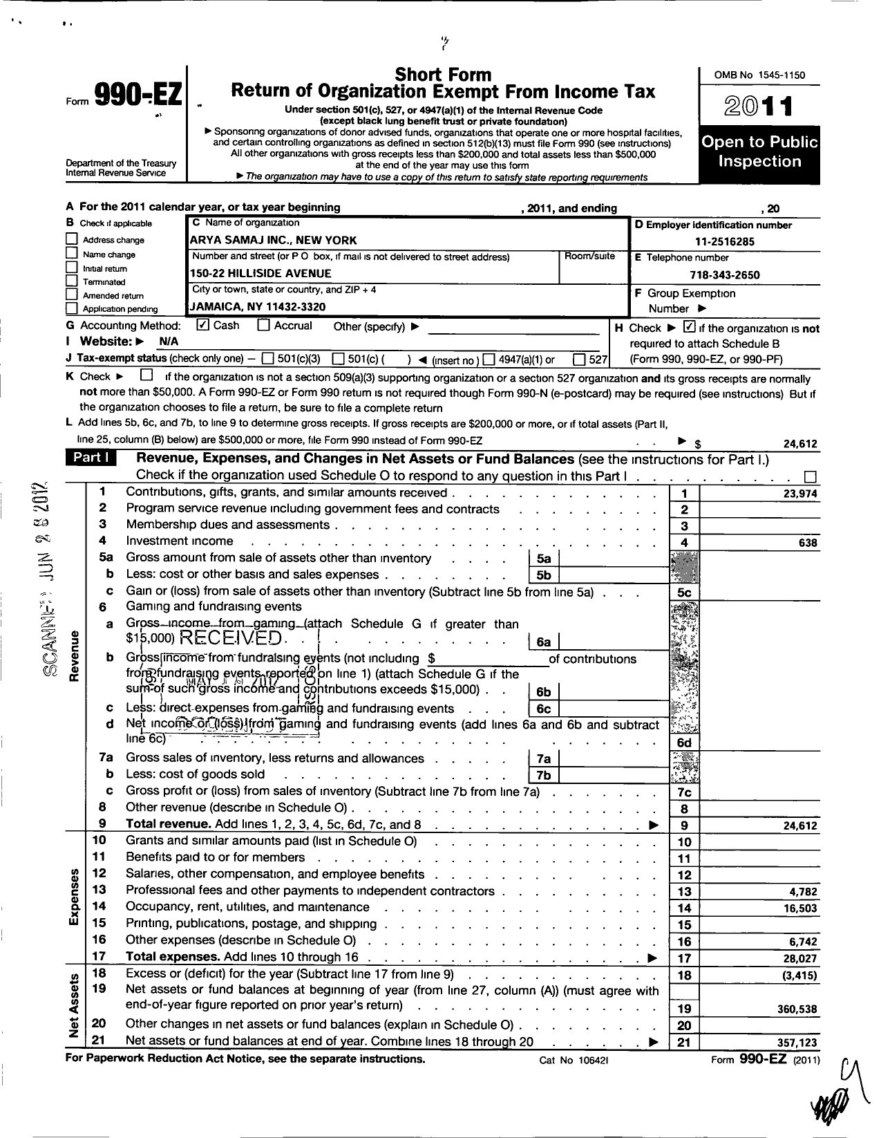 Image of first page of 2011 Form 990EO for Arya Samaj New York