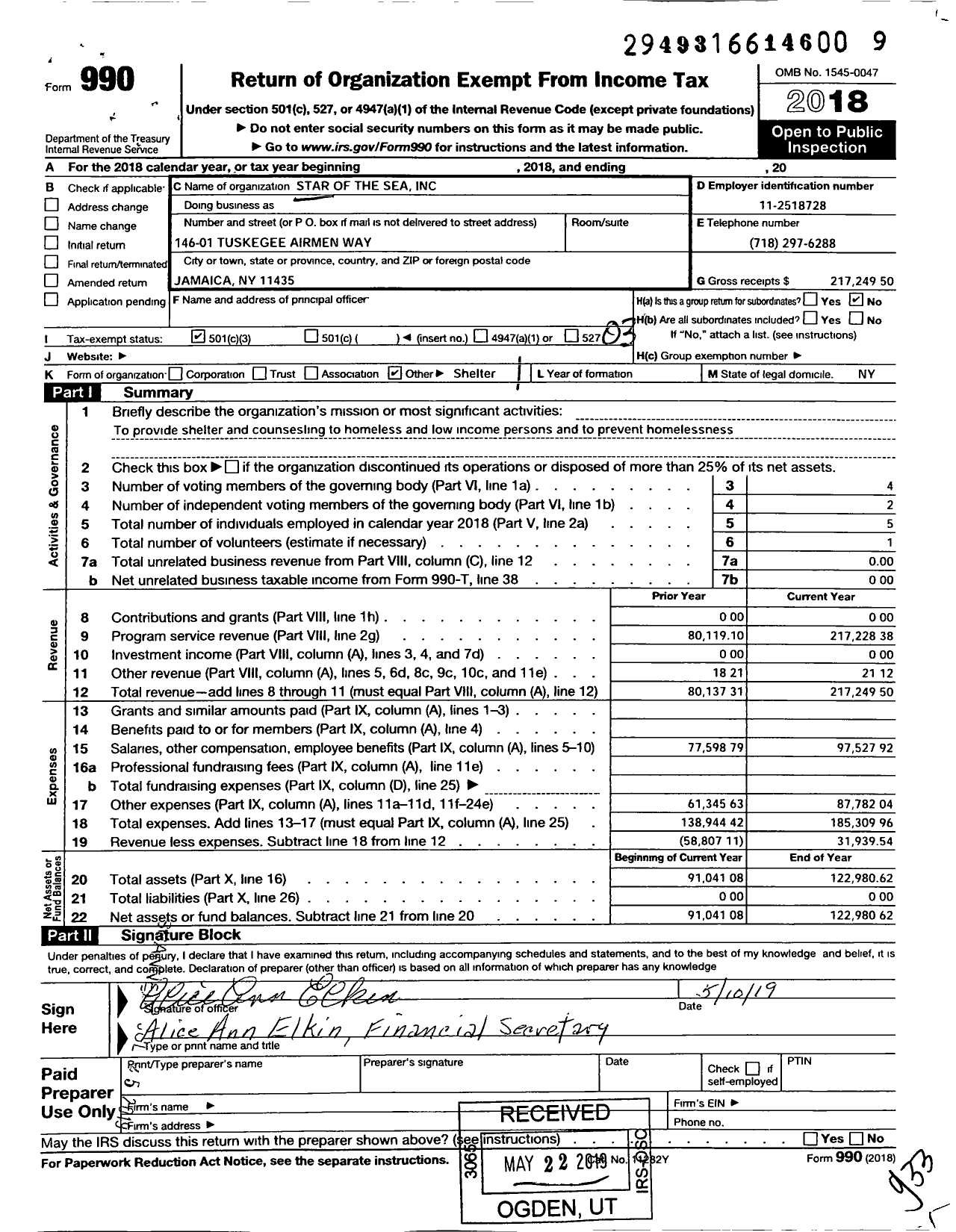 Image of first page of 2018 Form 990 for Star of the Sea