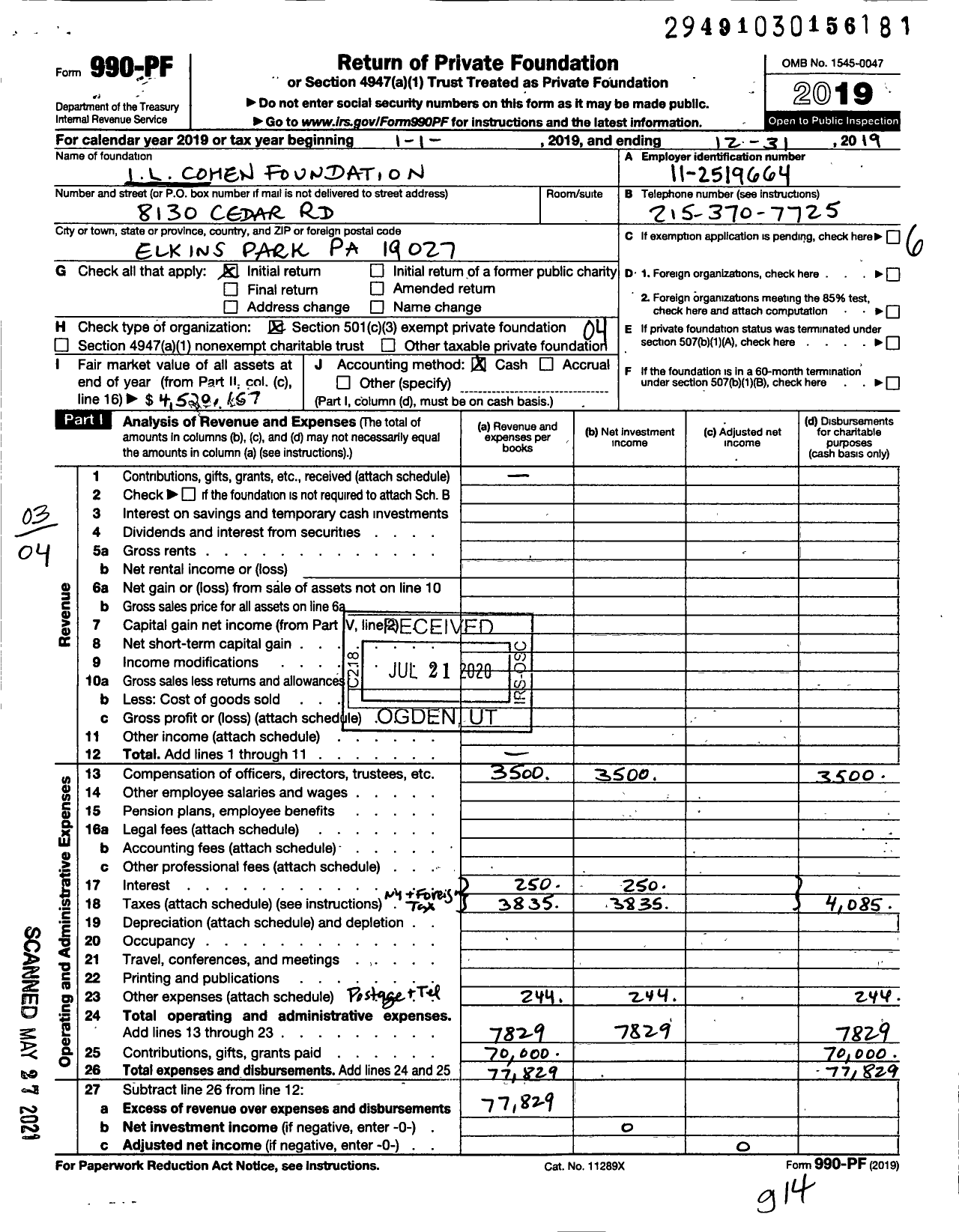 Image of first page of 2019 Form 990PF for Il Cohen Foundation