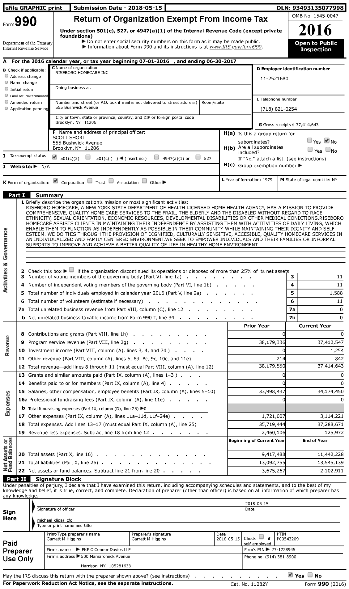Image of first page of 2016 Form 990 for Riseboro Homecare (RBSCC)