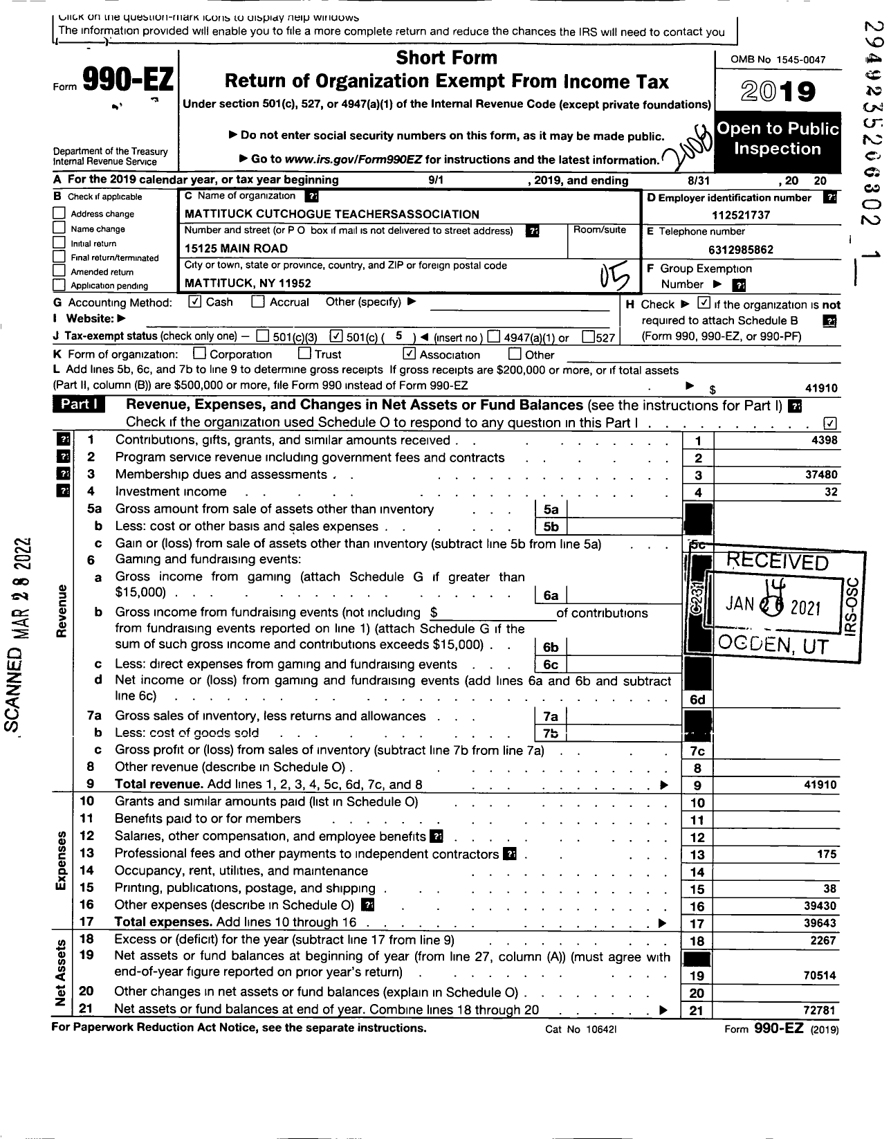 Image of first page of 2019 Form 990EO for American Federation of Teachers - 2820 Mattituck-Cutchogue