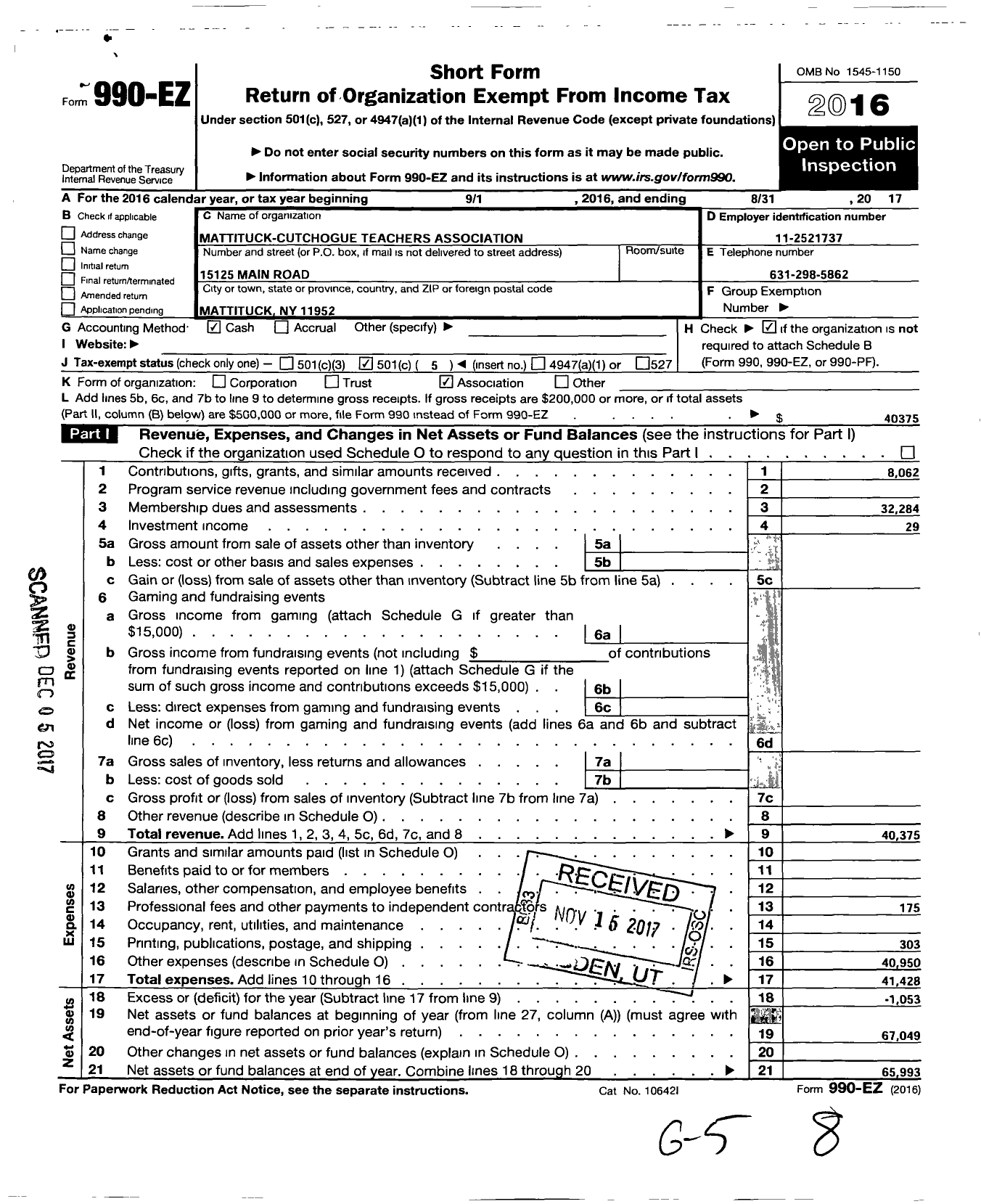 Image of first page of 2016 Form 990EO for American Federation of Teachers - 2820 Mattituck-Cutchogue