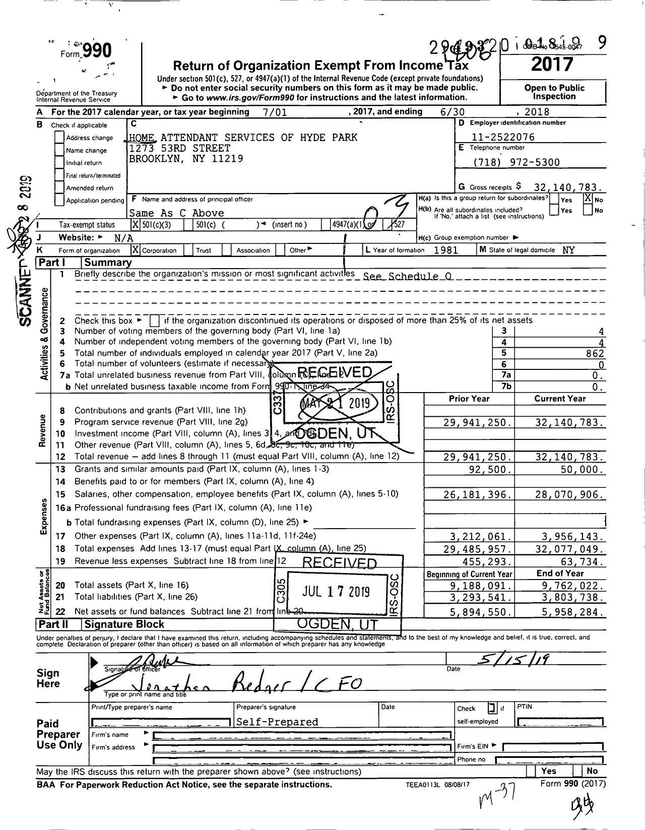 Image of first page of 2017 Form 990 for Home Attendant Services of Hyde Park