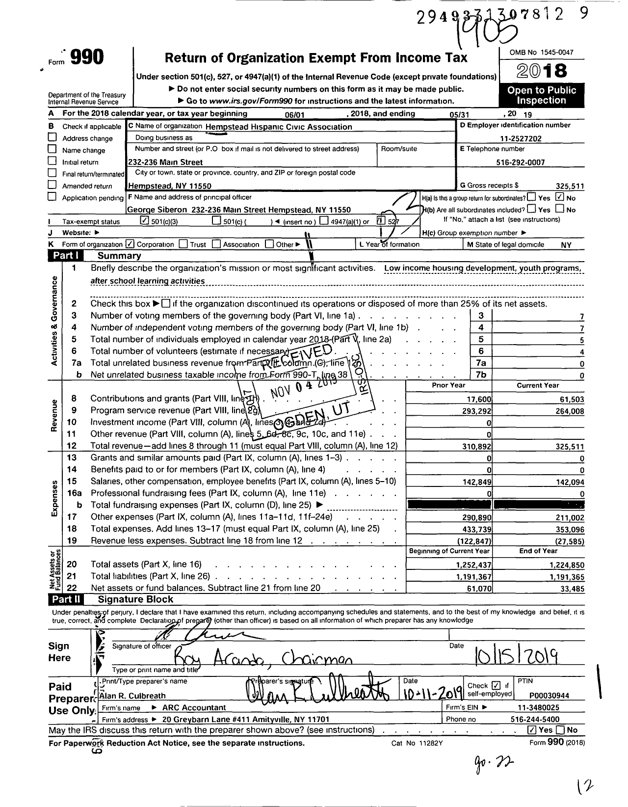 Image of first page of 2018 Form 990 for Hempstead Hispanic Civic Association