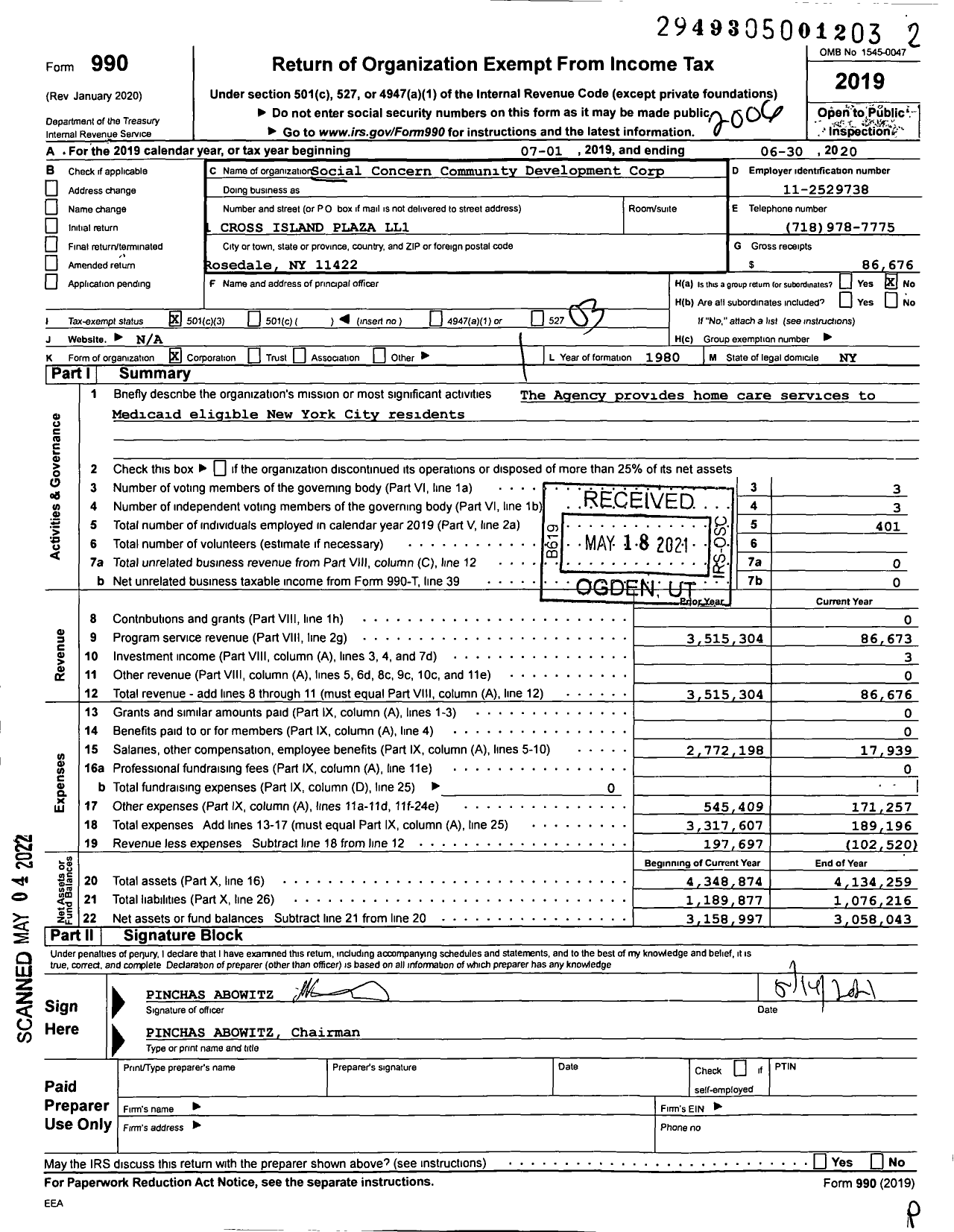 Image of first page of 2019 Form 990 for Social Concern Community Development Corporation