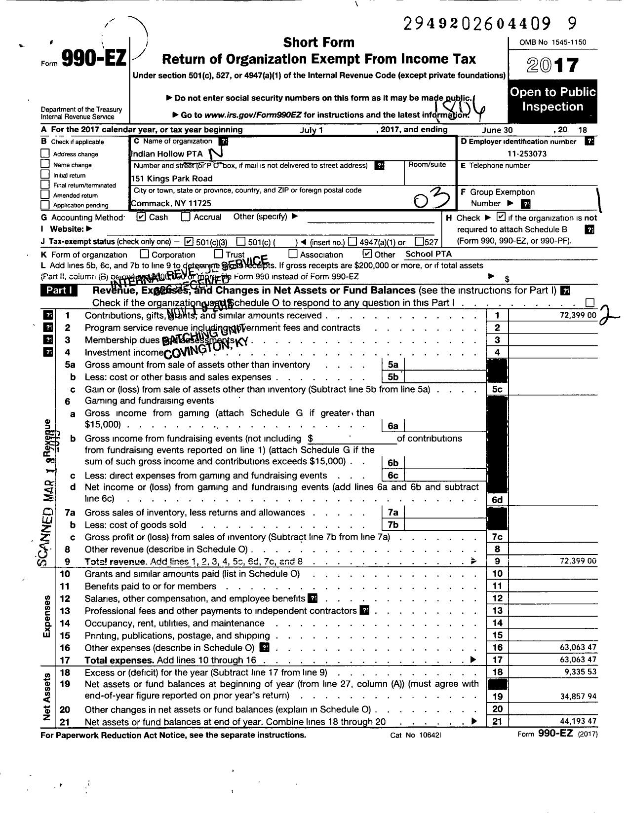 Image of first page of 2017 Form 990EZ for New York State PTA - Indian Hollow Primary PTA