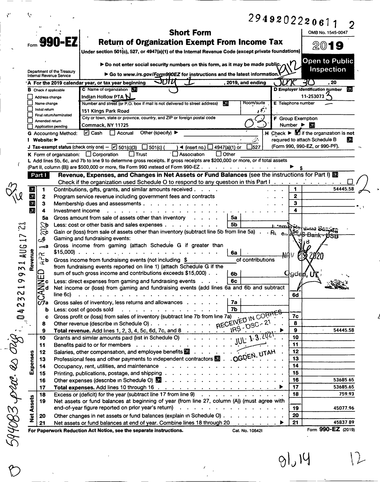 Image of first page of 2019 Form 990EZ for New York State PTA - Indian Hollow Primary PTA