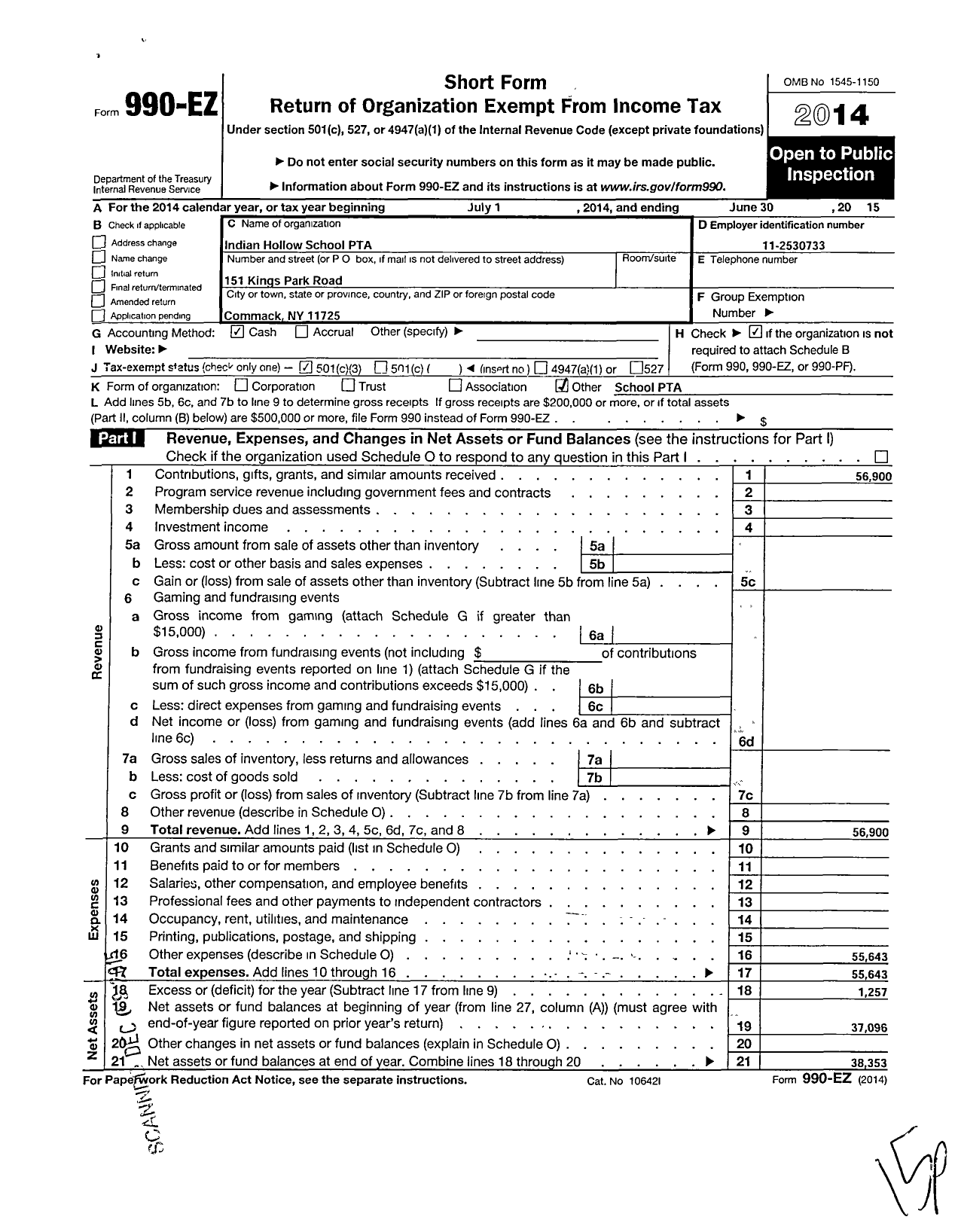 Image of first page of 2014 Form 990EZ for New York State PTA - Indian Hollow Primary PTA