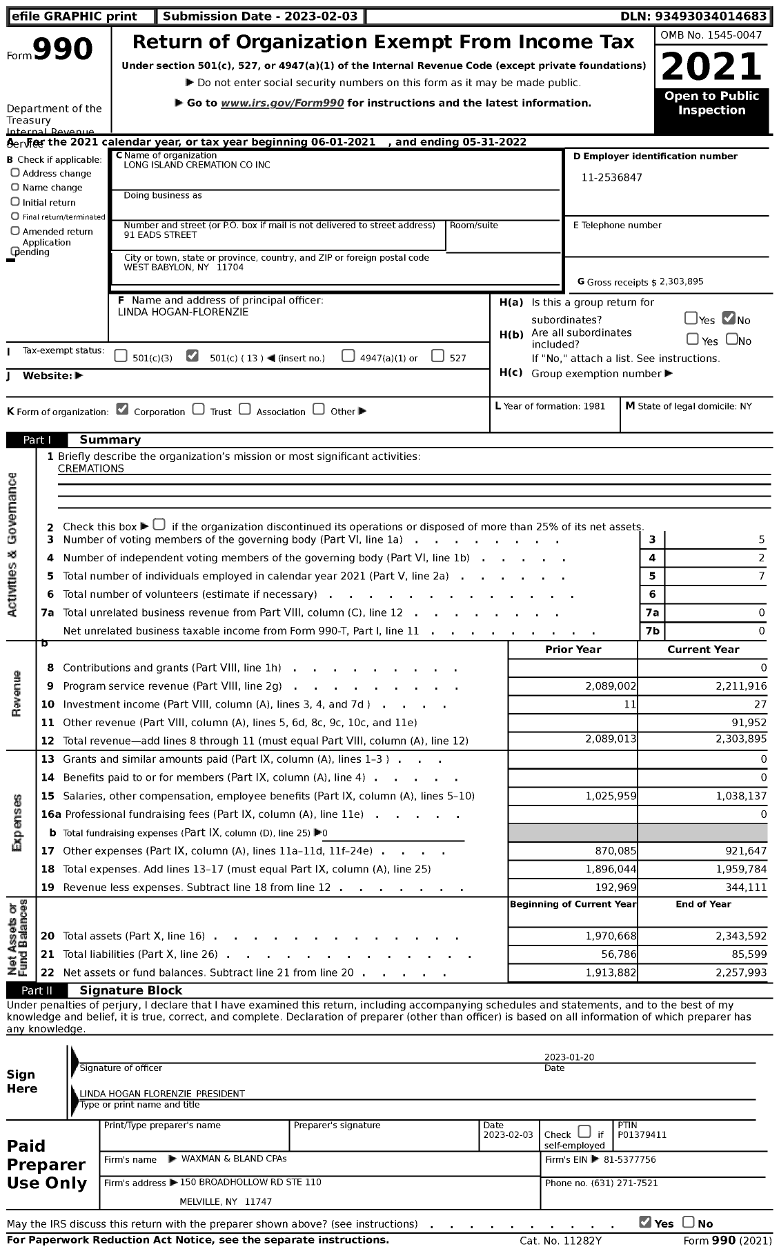 Image of first page of 2021 Form 990 for Long Island Cremation