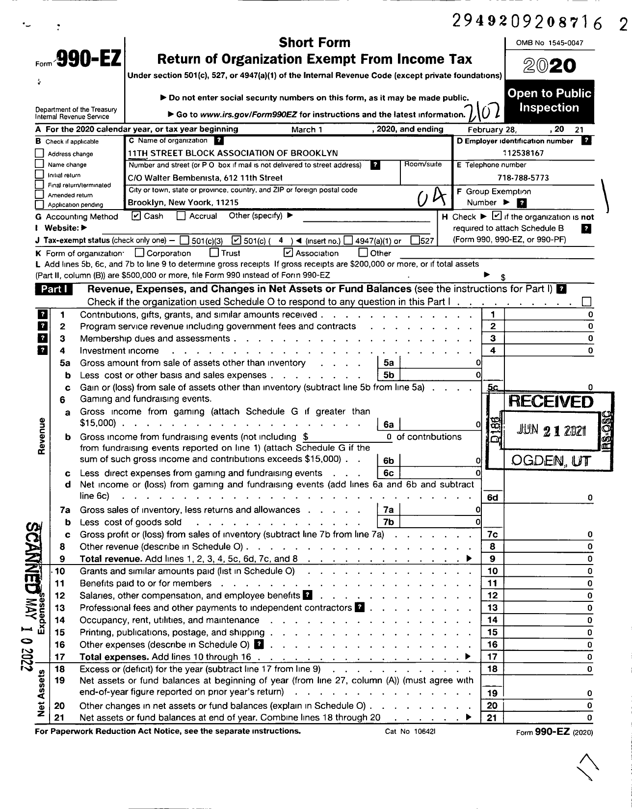 Image of first page of 2020 Form 990EO for 11th Street Block Association in Brooklyn