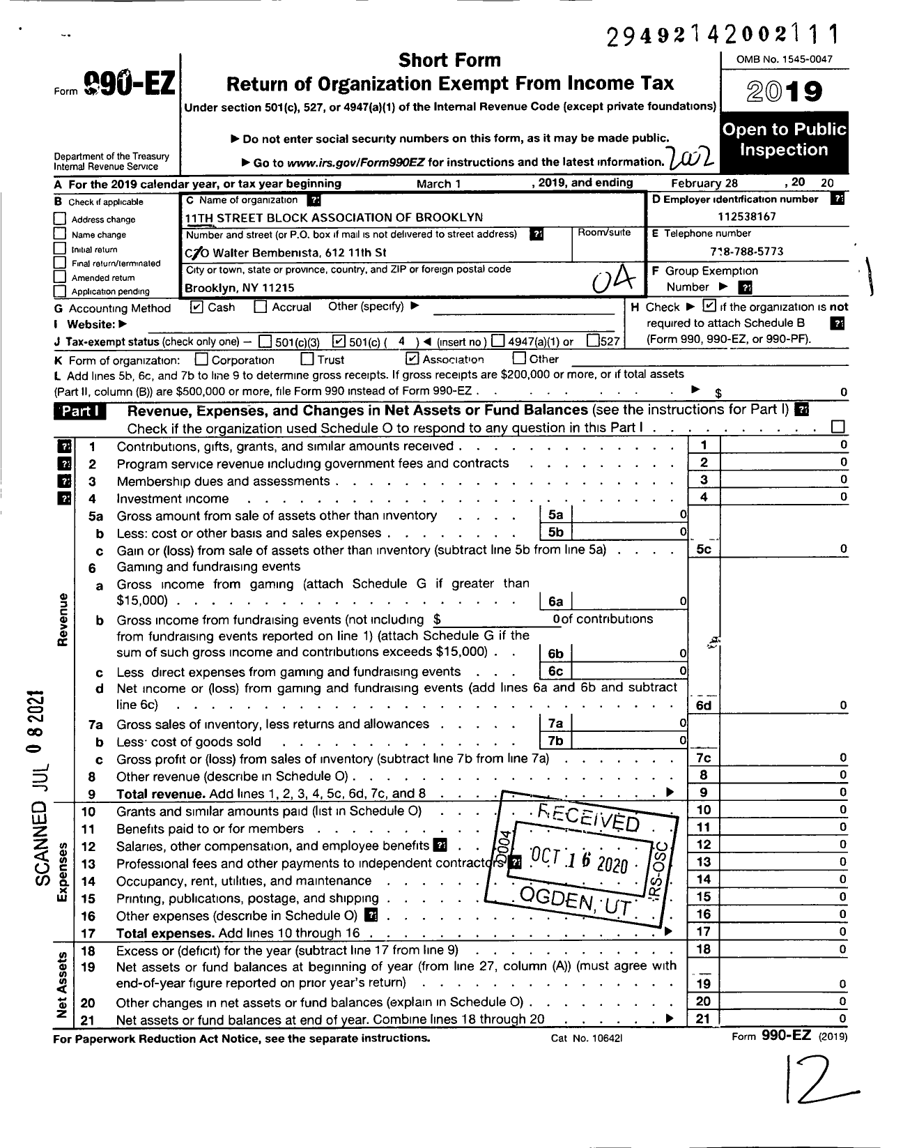 Image of first page of 2019 Form 990EO for 11th Street Block Association in Brooklyn