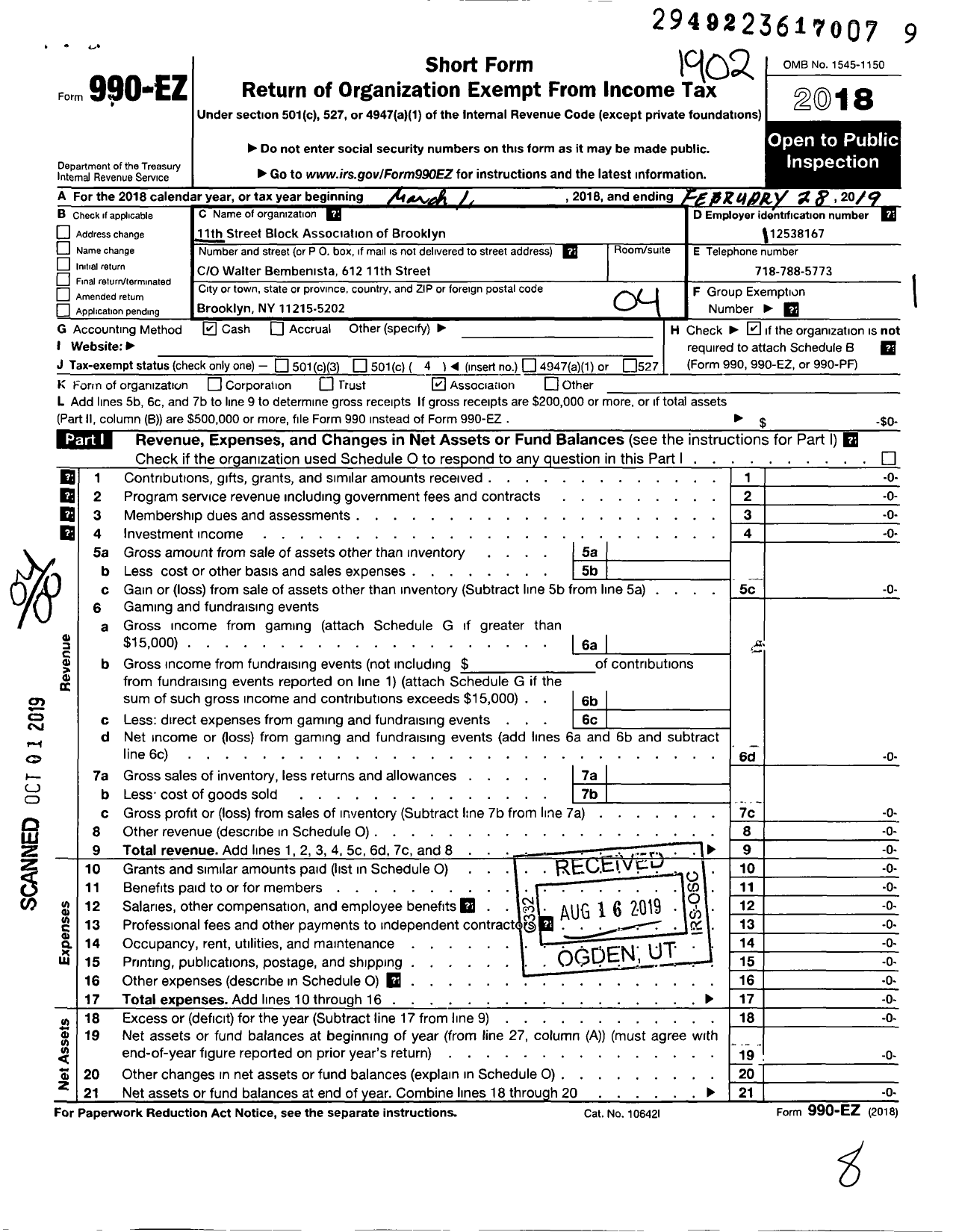 Image of first page of 2018 Form 990EO for 11th Street Block Association in Brooklyn