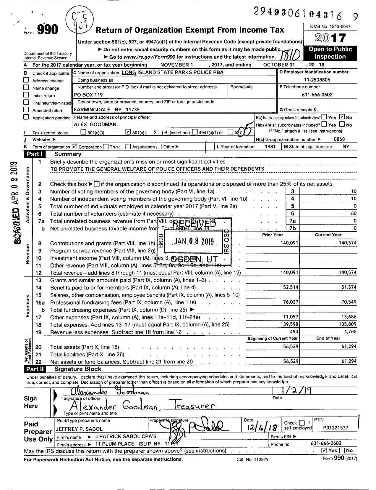 Image of first page of 2017 Form 990O for Long Island State Park Policebenevolent Association