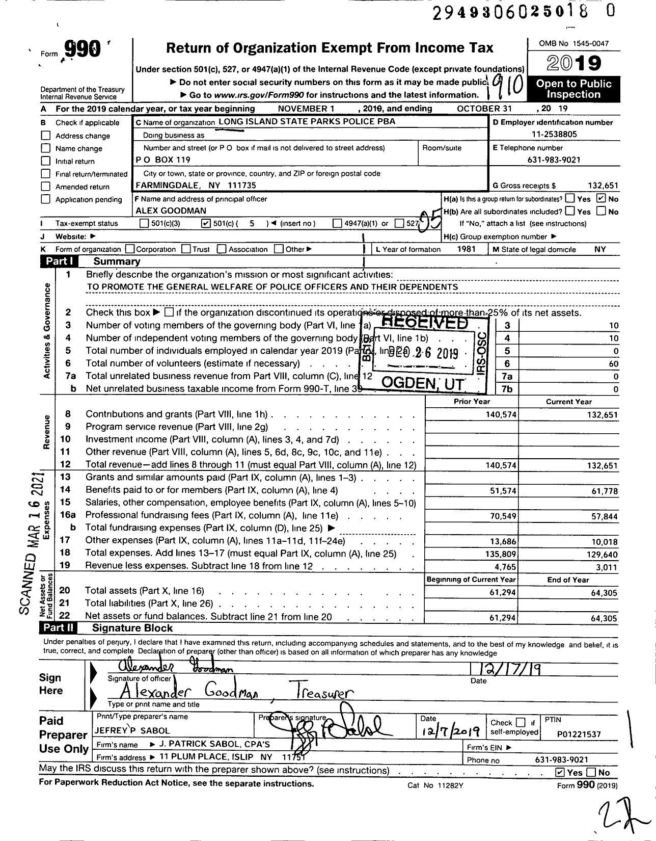 Image of first page of 2018 Form 990O for Long Island State Park Policebenevolent Association