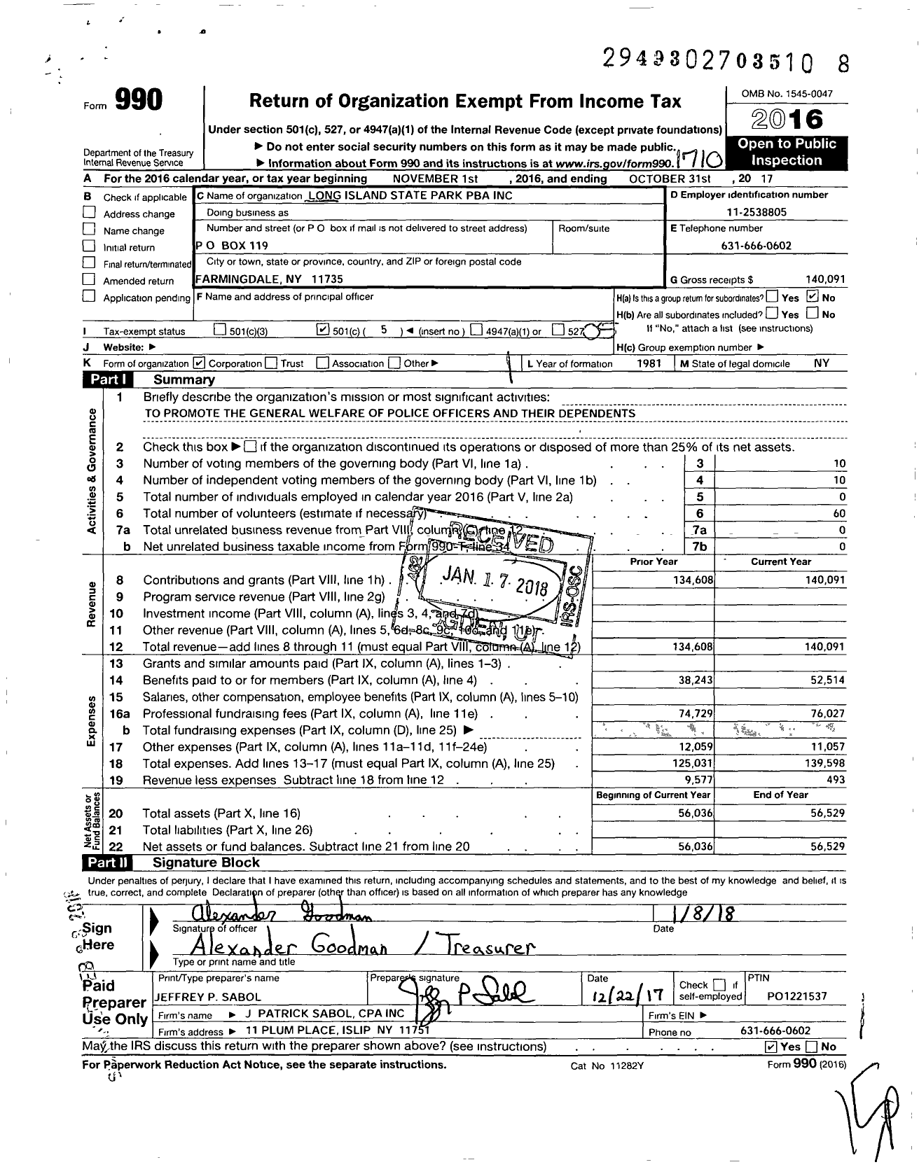 Image of first page of 2016 Form 990O for Long Island State Park Policebenevolent Association