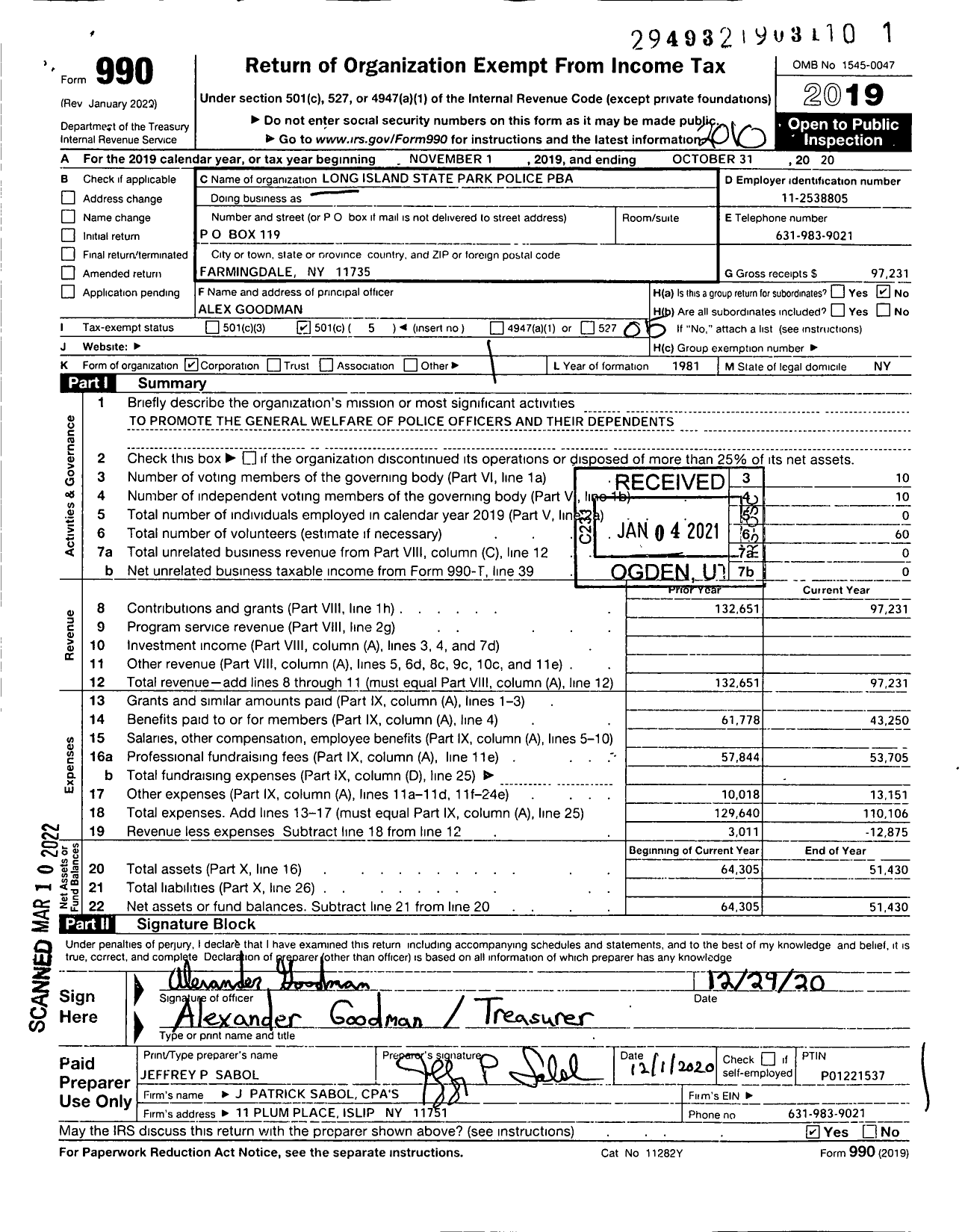 Image of first page of 2019 Form 990O for Long Island State Park Policebenevolent Association