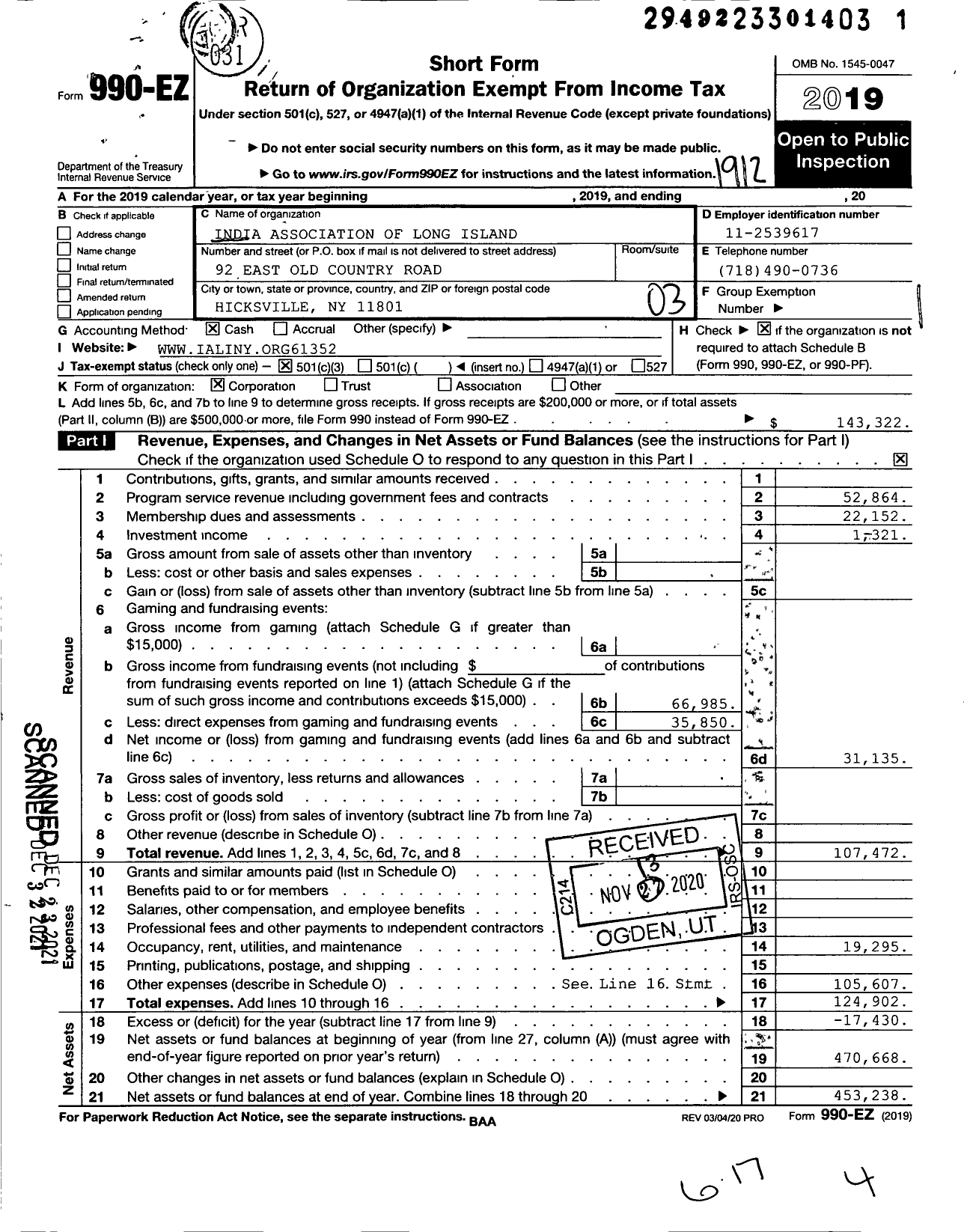 Image of first page of 2019 Form 990EZ for India Association of Long Island