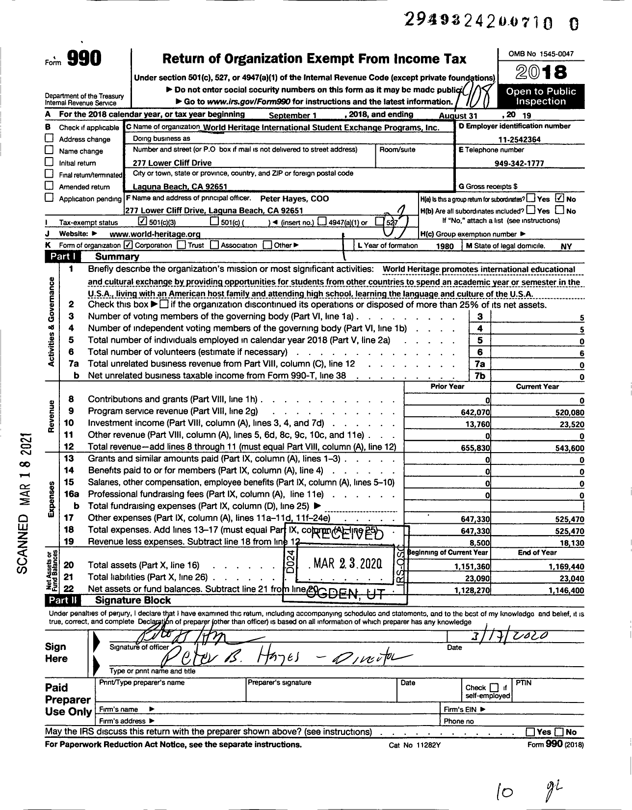 Image of first page of 2018 Form 990 for World Heritage International Student Exchange Programs