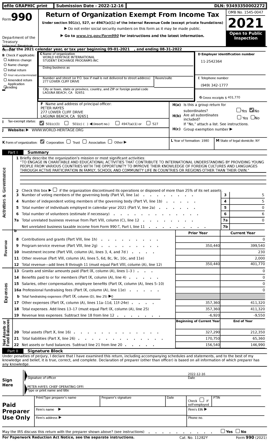 Image of first page of 2021 Form 990 for World Heritage International Student Exchange Programs