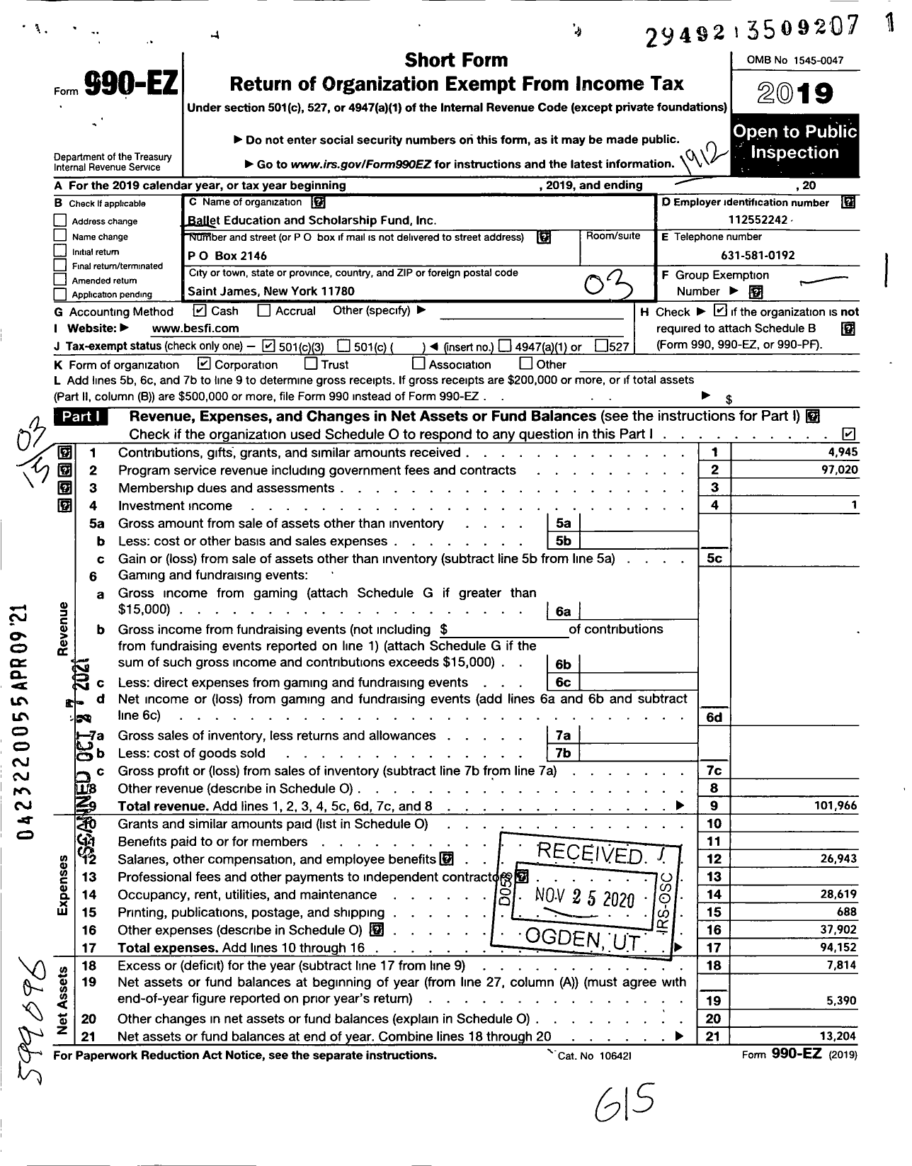 Image of first page of 2019 Form 990EZ for Ballet Education and Scholarship