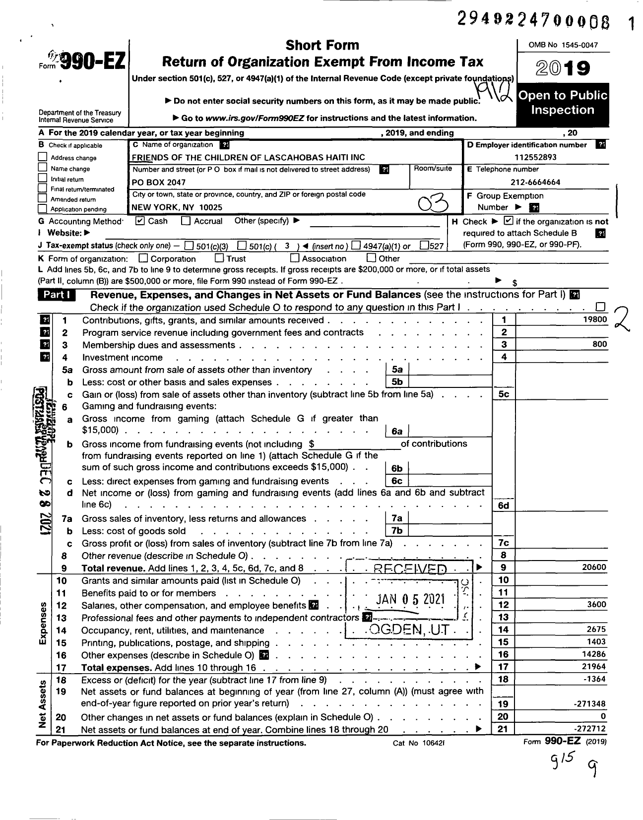 Image of first page of 2019 Form 990EZ for Friends of the Children of Lascahobas Haiti