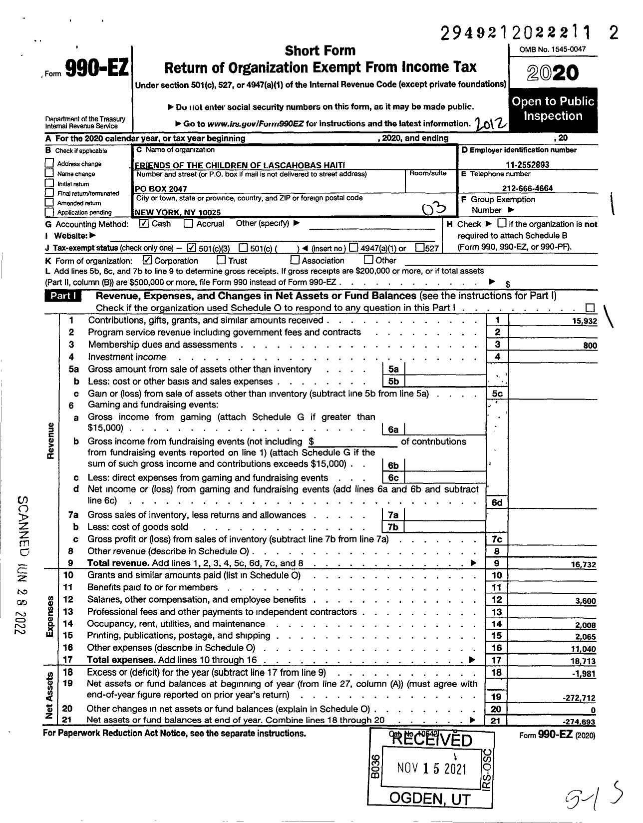 Image of first page of 2020 Form 990EZ for Friends of the Children of Lascahobas Haiti