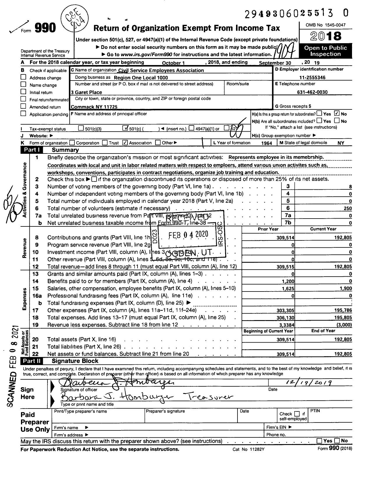 Image of first page of 2018 Form 990O for Civil Service Employees Association - 1000 Region 1 Long Island