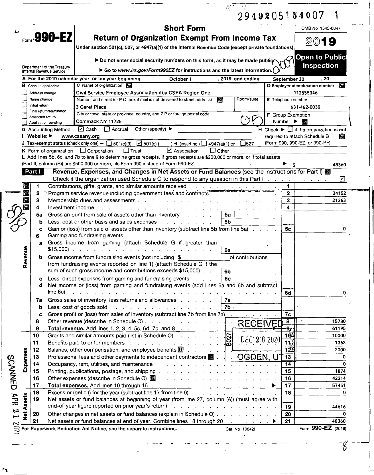 Image of first page of 2019 Form 990EO for Civil Service Employees Association - 1000 Region 1 Long Island