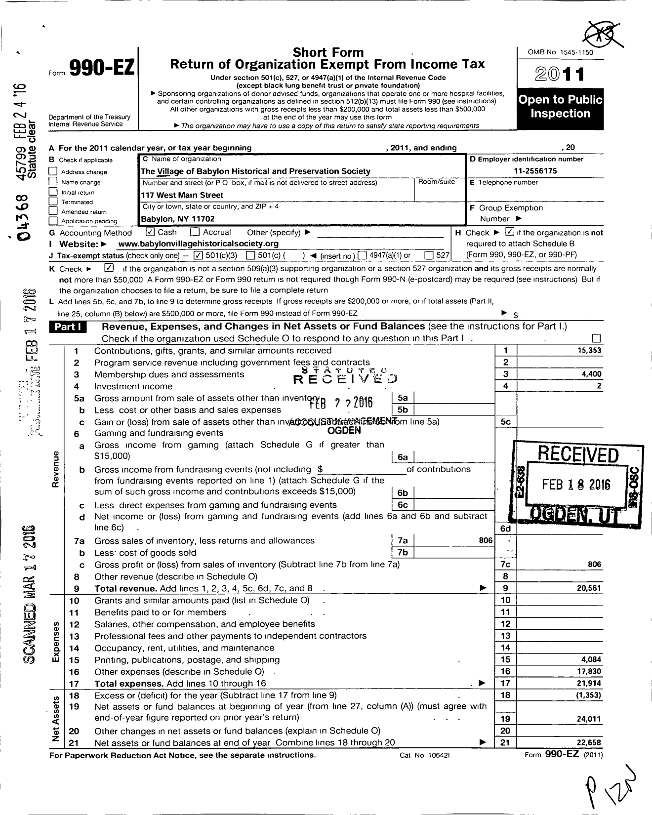 Image of first page of 2011 Form 990EZ for The Village Babylon Historical and Preservation Society