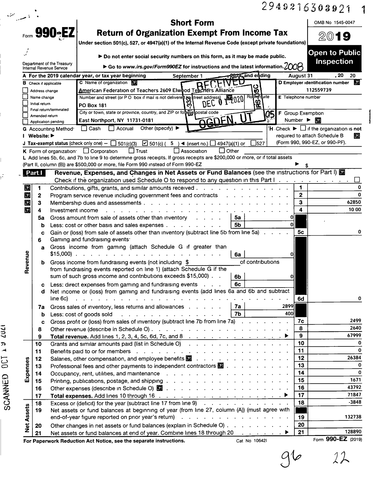 Image of first page of 2019 Form 990EO for AMERICAN Federation of TEACHERS - 1609 Elwood TEACHERS Alliance