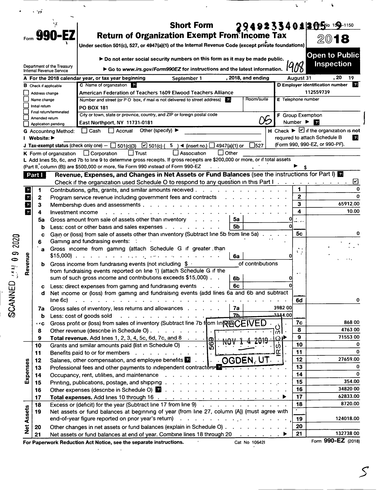 Image of first page of 2018 Form 990EO for AMERICAN Federation of TEACHERS - 1609 Elwood TEACHERS Alliance