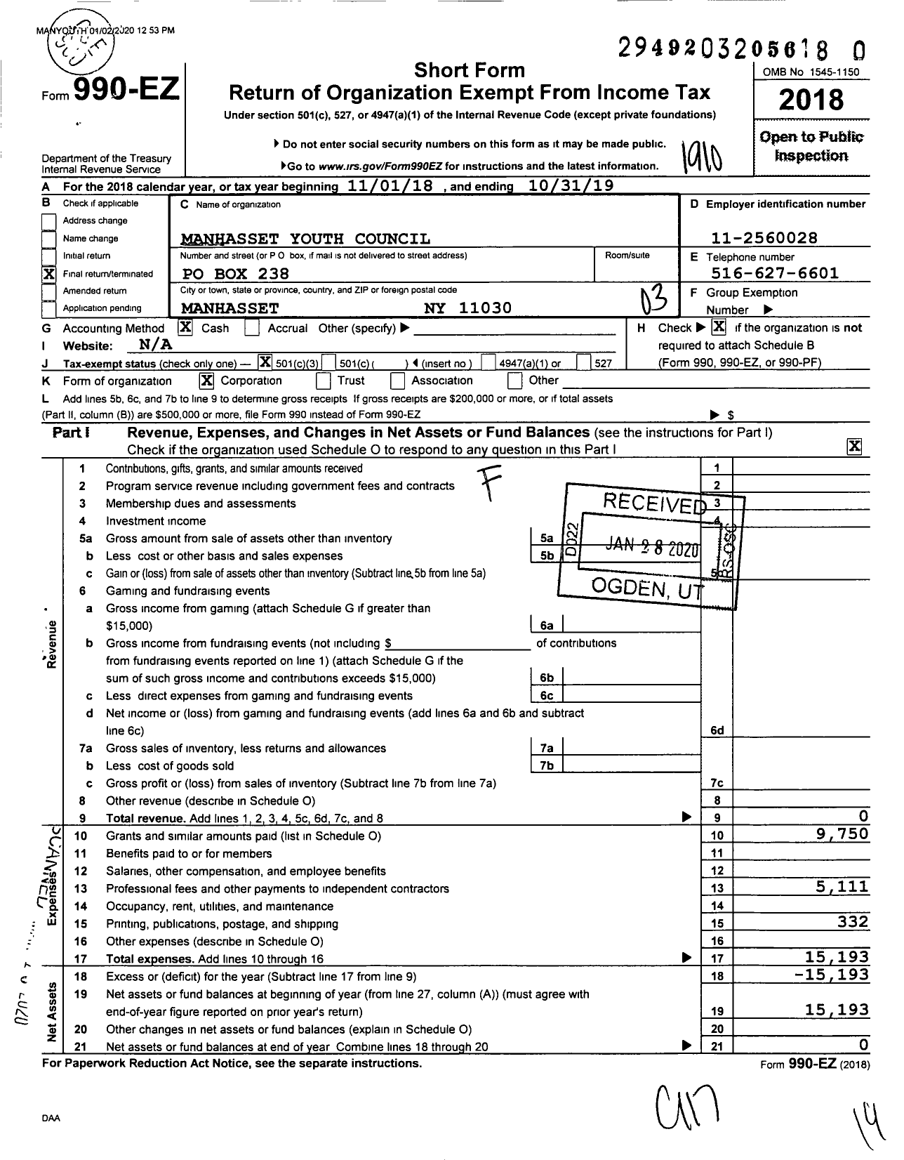 Image of first page of 2018 Form 990EZ for Manhasset Youth Council