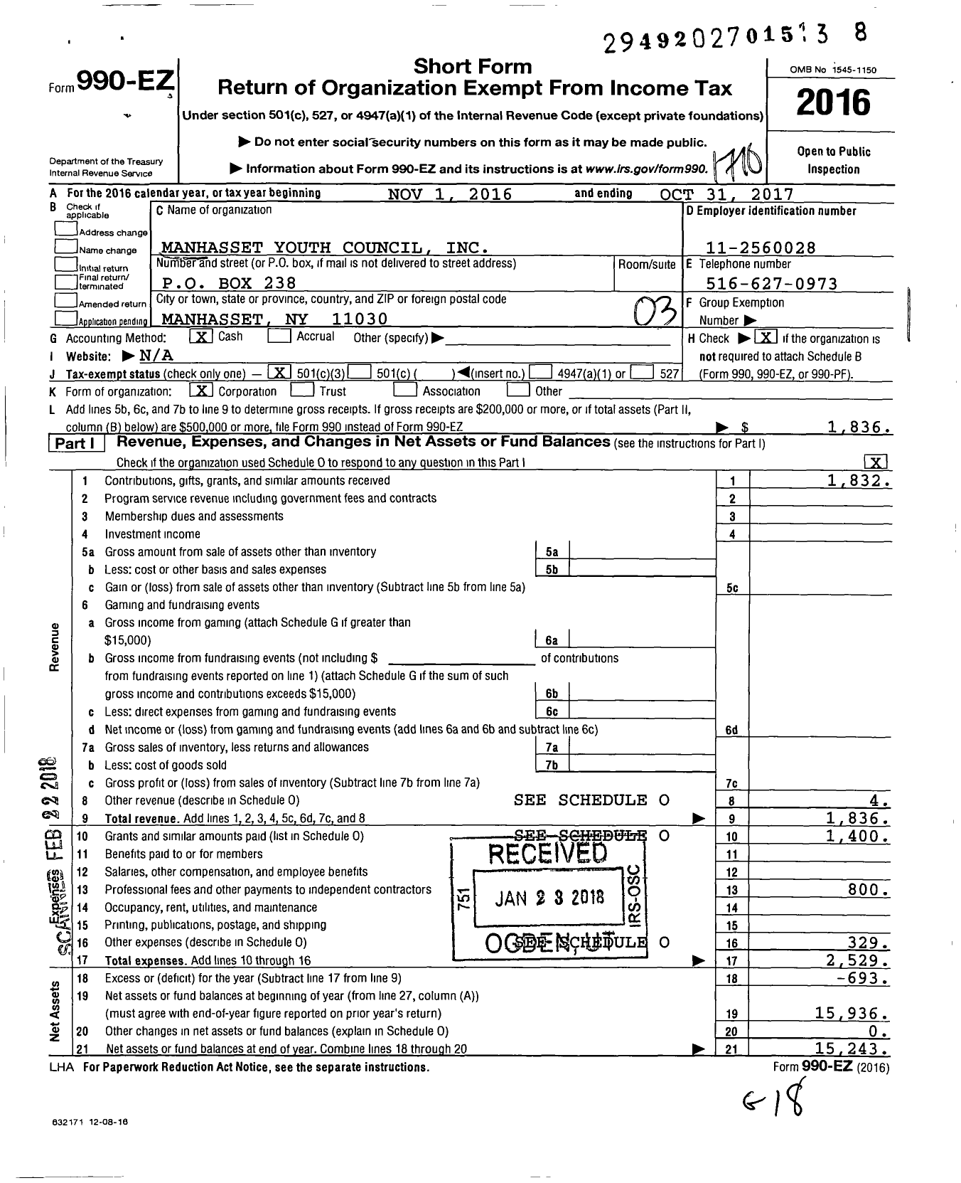 Image of first page of 2016 Form 990EZ for Manhasset Youth Council