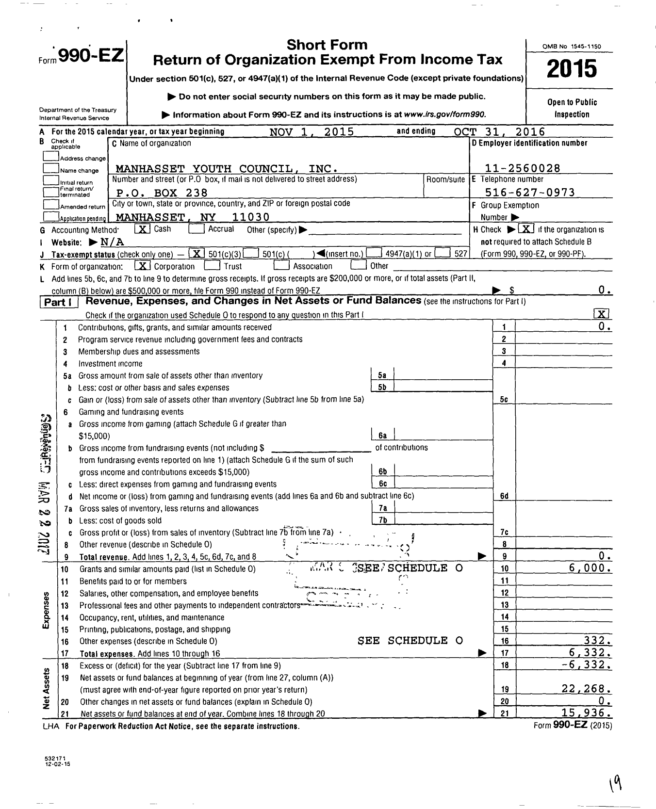 Image of first page of 2015 Form 990EZ for Manhasset Youth Council