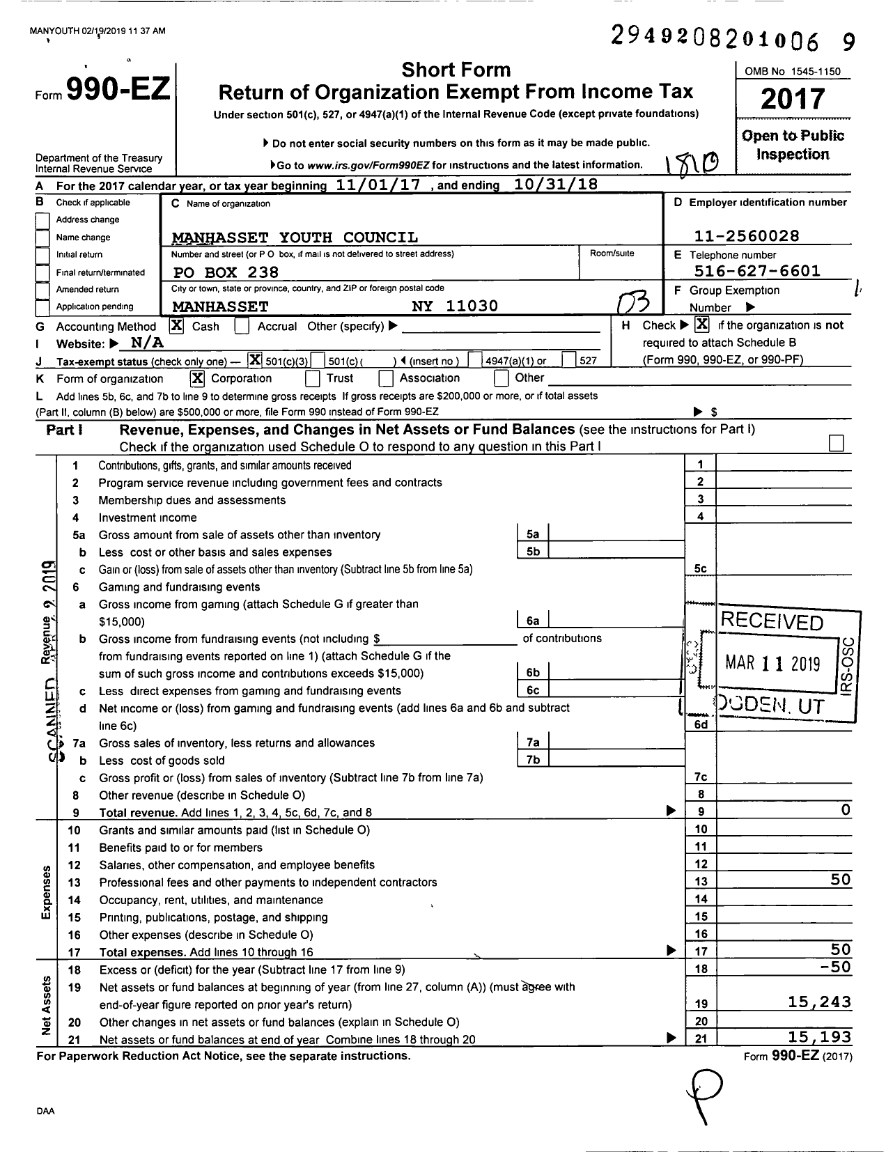 Image of first page of 2017 Form 990EZ for Manhasset Youth Council