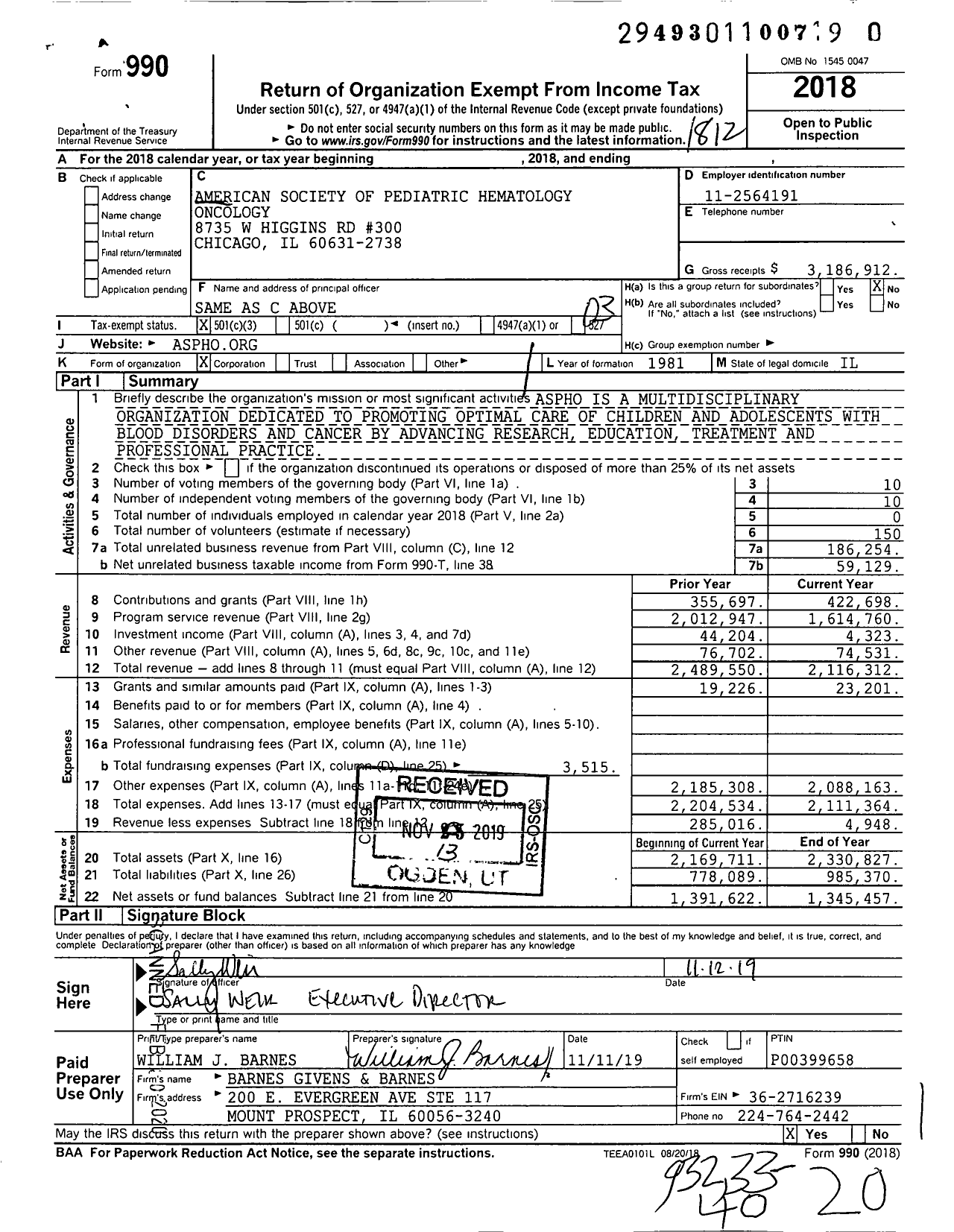 Image of first page of 2018 Form 990 for American Society of Pediatric Hematology Oncology