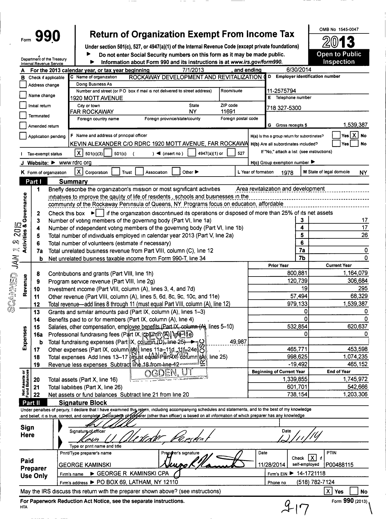 Image of first page of 2013 Form 990 for Rockaway Development and Revitalization Corporation