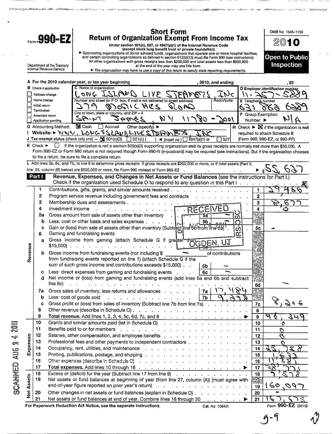 Image of first page of 2010 Form 990EZ for Long Island Live Steamers