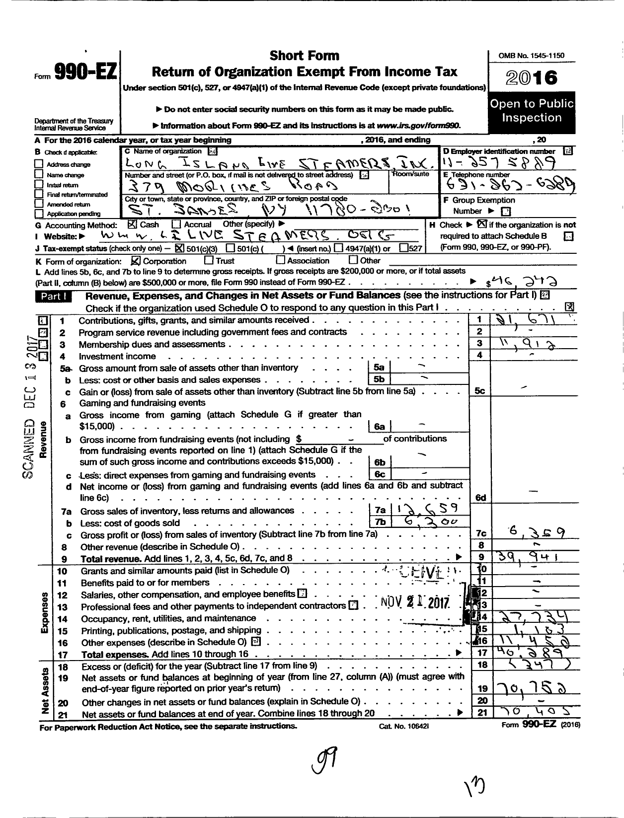 Image of first page of 2016 Form 990EZ for Long Island Live Steamers