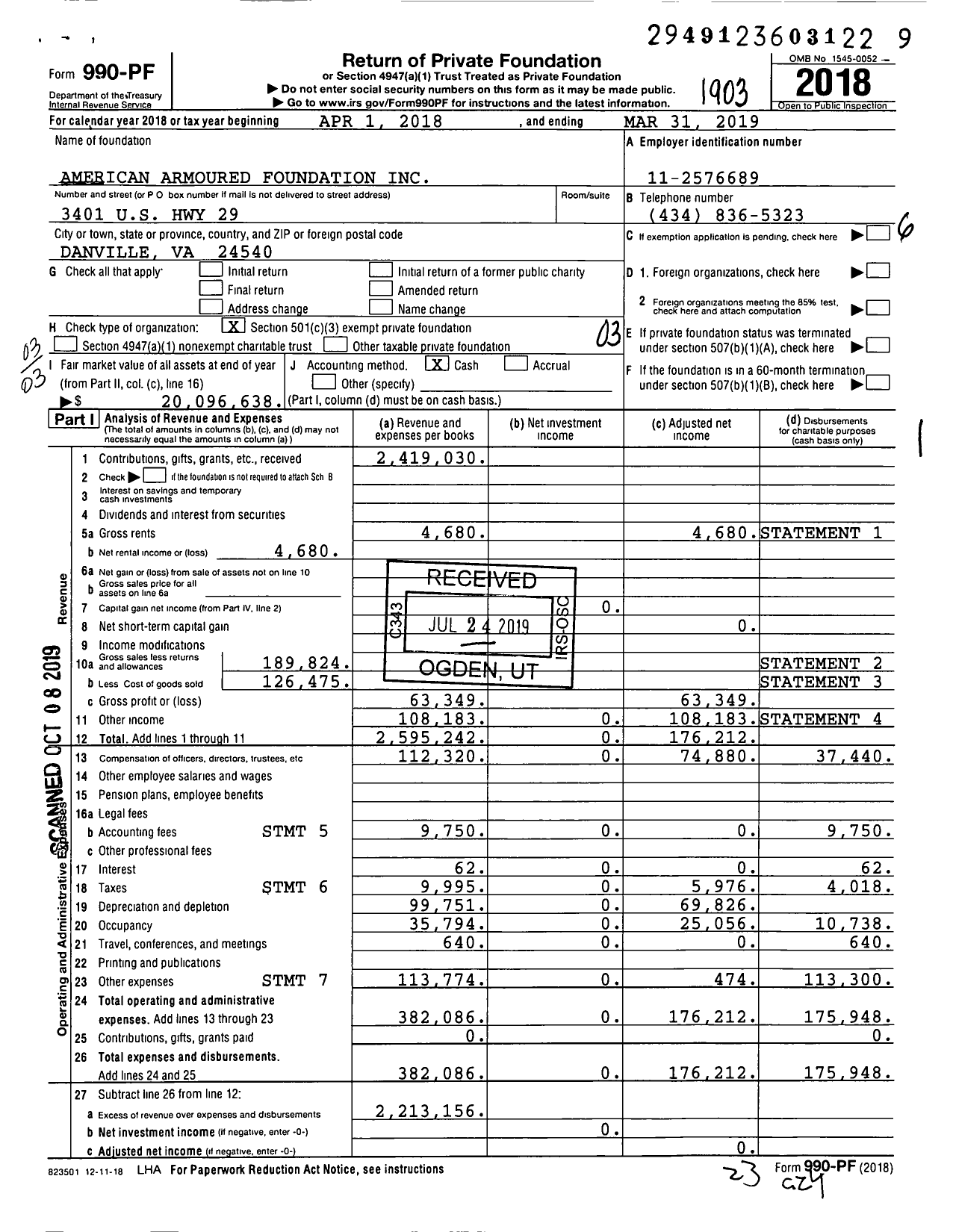 Image of first page of 2018 Form 990PF for American Armoured Foundation