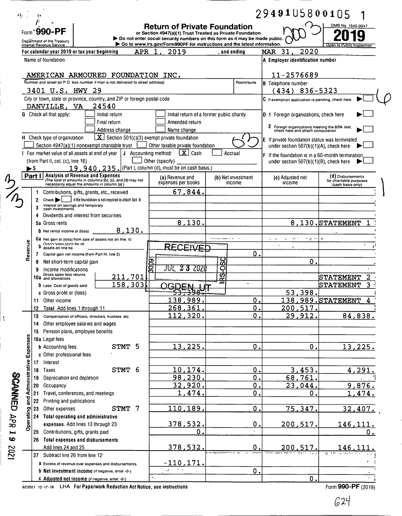 Image of first page of 2019 Form 990PF for American Armoured Foundation